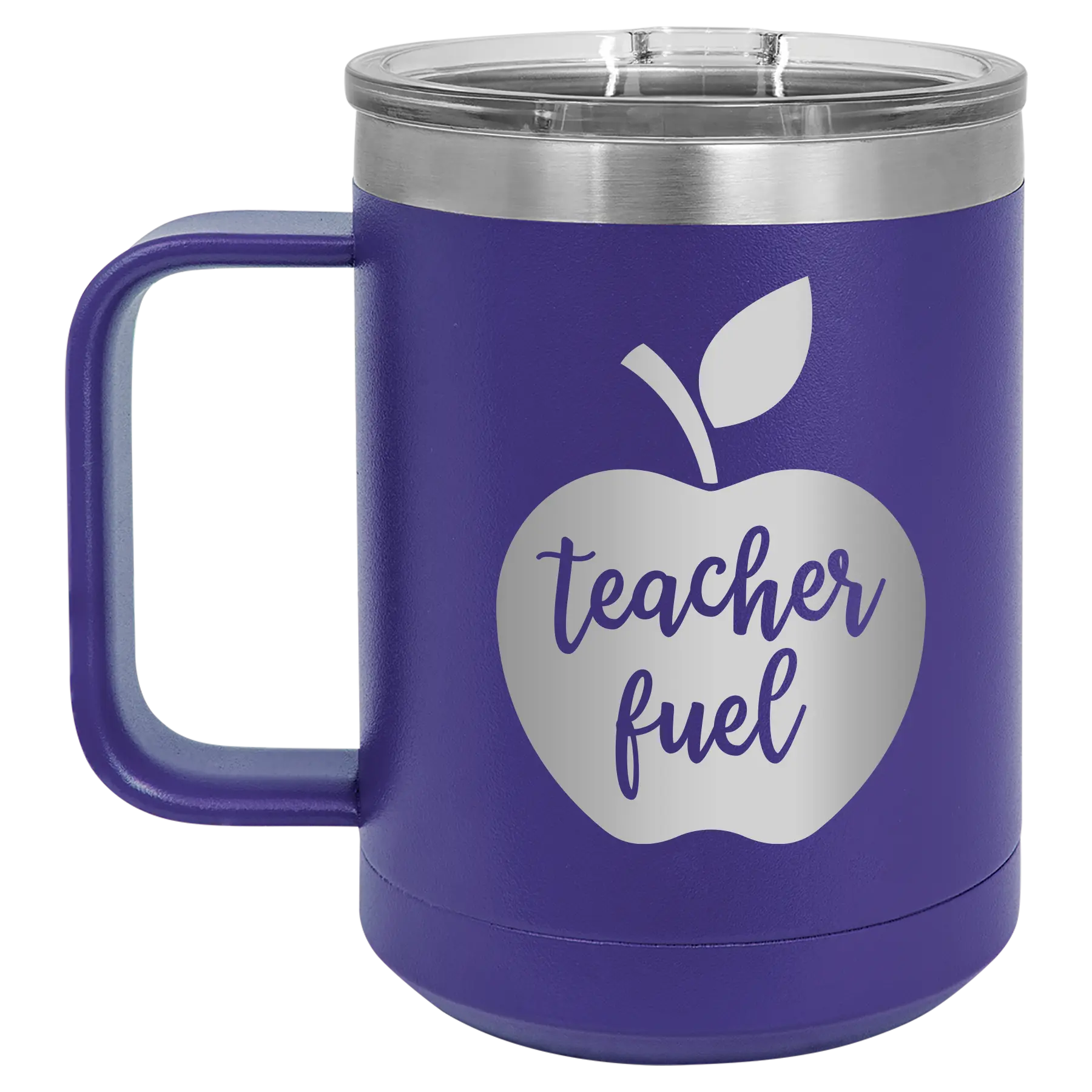 Laser etched purple 15 oz vacuum insulated coffee mug with 'Teacher Fuel' design