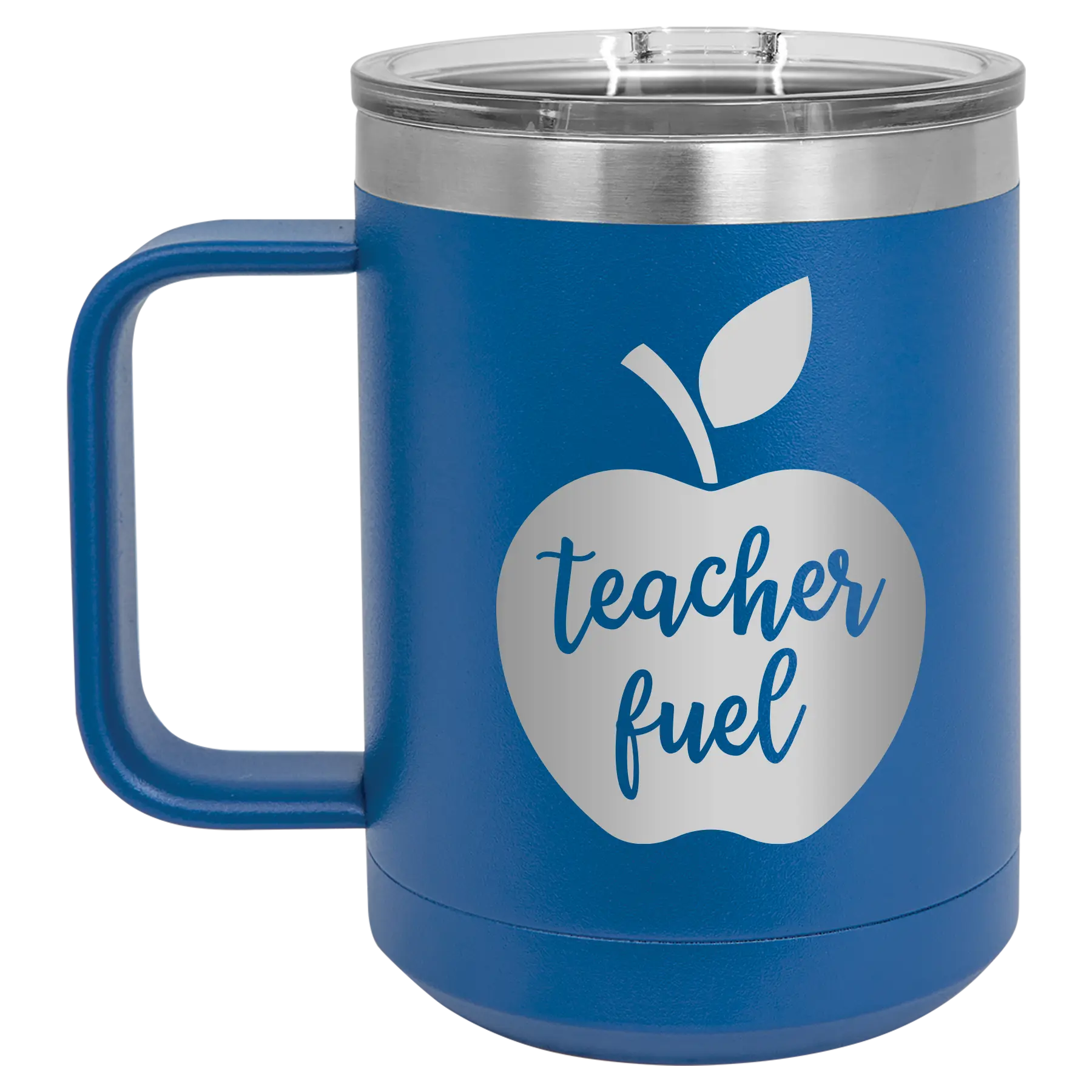 Laser etched royal blue 15 oz vacuum insulated coffee mug with 'Teacher Fuel' design