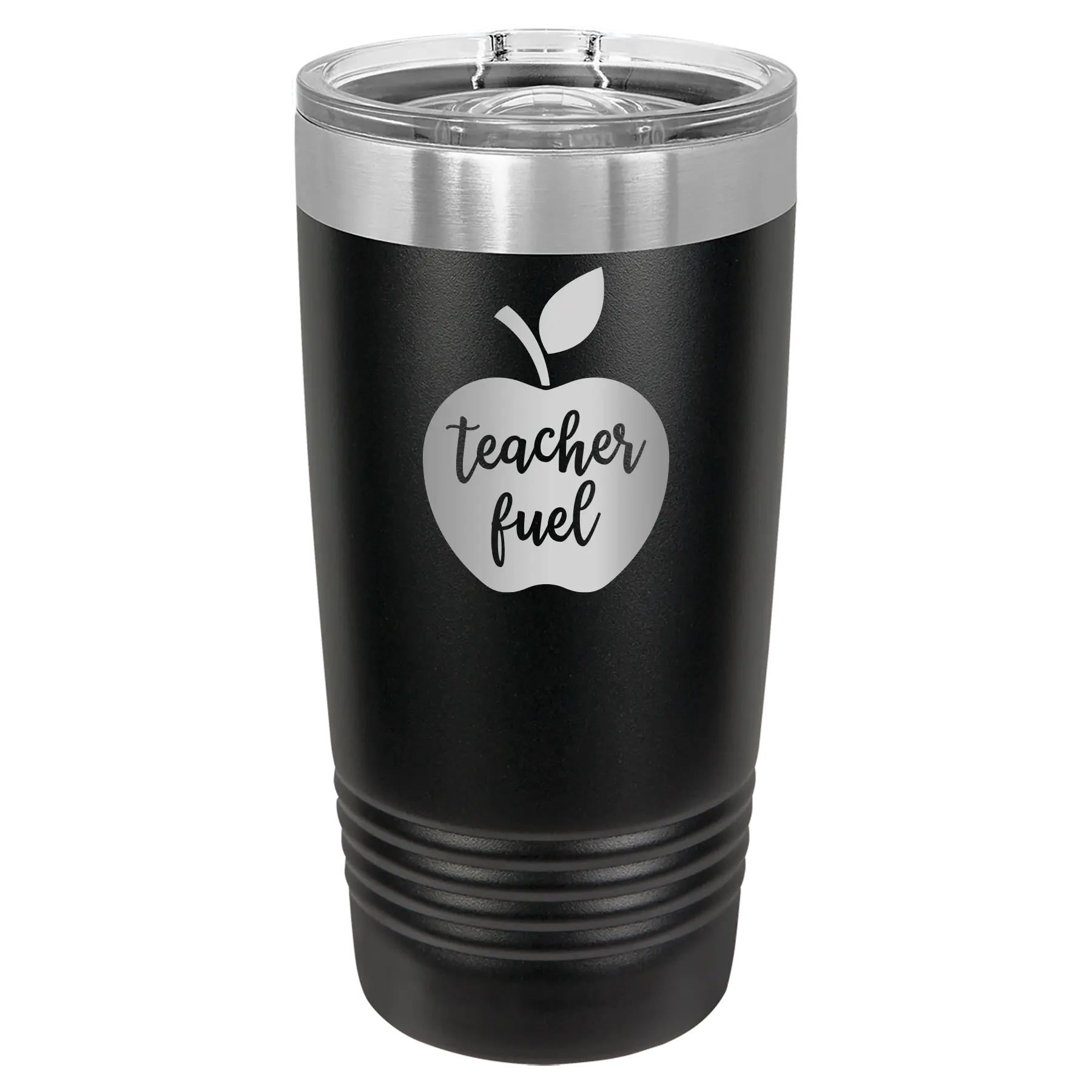 Laser etched black 20 oz vacuum insulated tumbler with 'Teacher Fuel' design