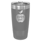 Laser etched dark gray 20 oz vacuum insulated tumbler with 'Teacher Fuel' design