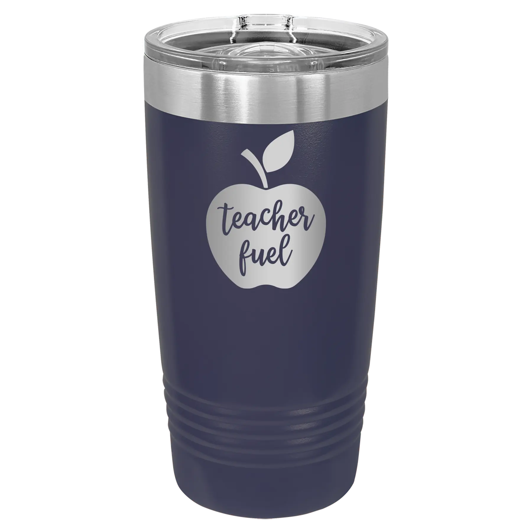 Laser etched navy 20 oz vacuum insulated tumbler with 'Teacher Fuel' design