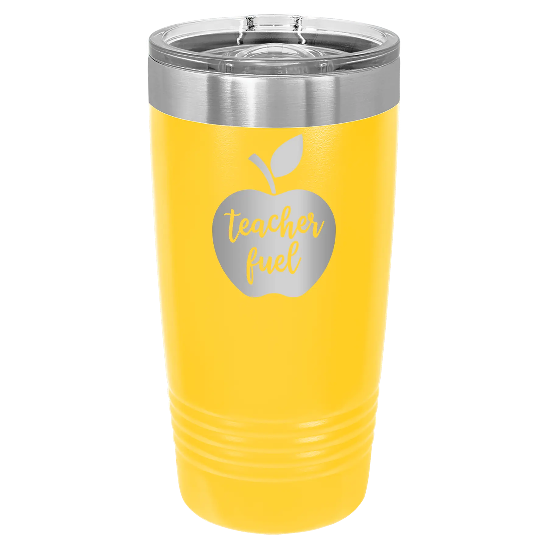 Laser etched yellow 20 oz vacuum insulated tumbler with 'Teacher Fuel' design