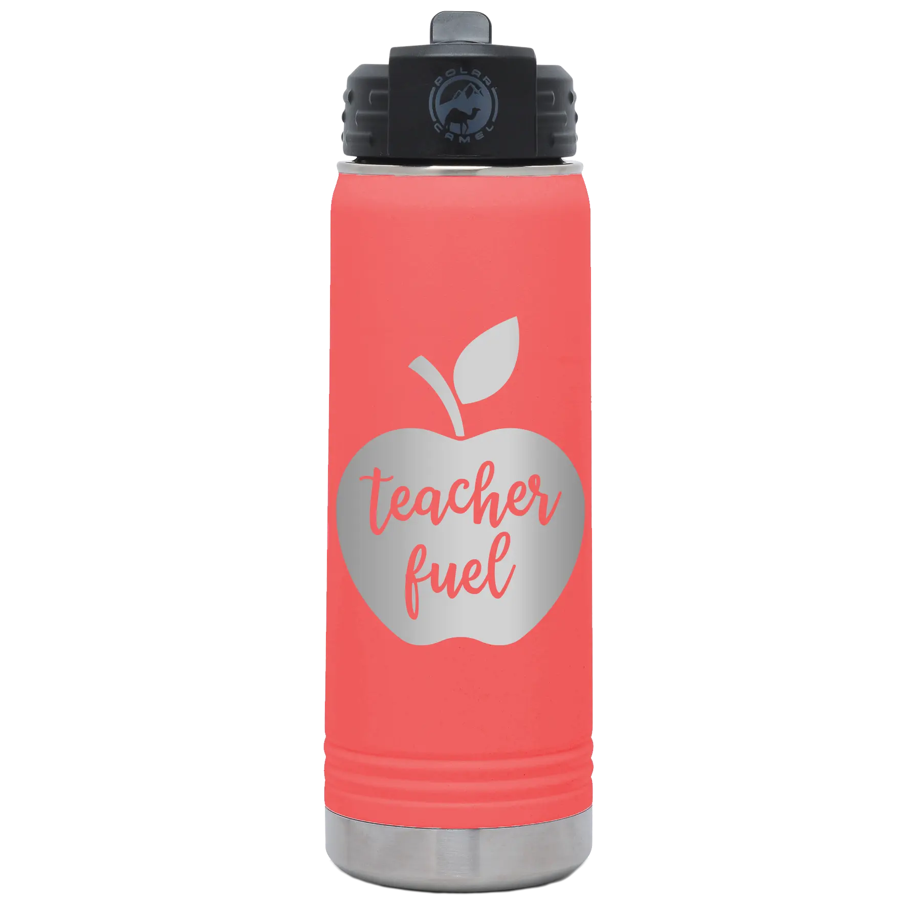 Laser etched coral 20 oz vacuum insulated water bottle with 'Teacher Fuel' design