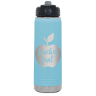 Laser etched light blue 20 oz vacuum insulated water bottle with 'Teacher Fuel' design