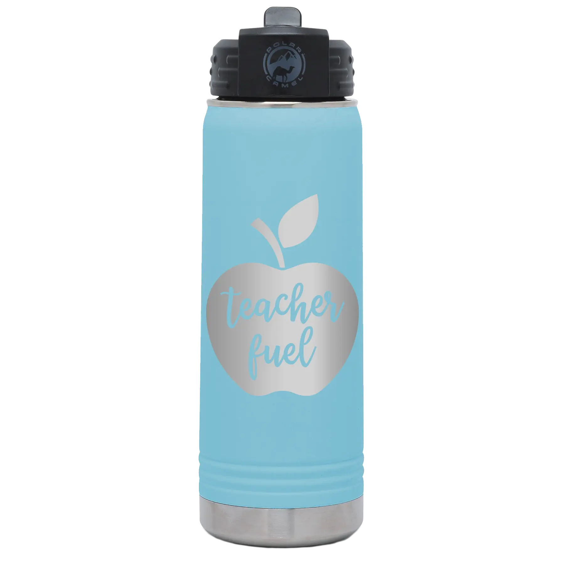 Laser etched light blue 20 oz vacuum insulated water bottle with 'Teacher Fuel' design