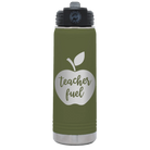 Laser etched olive green 20 oz vacuum insulated water bottle with 'Teacher Fuel' design