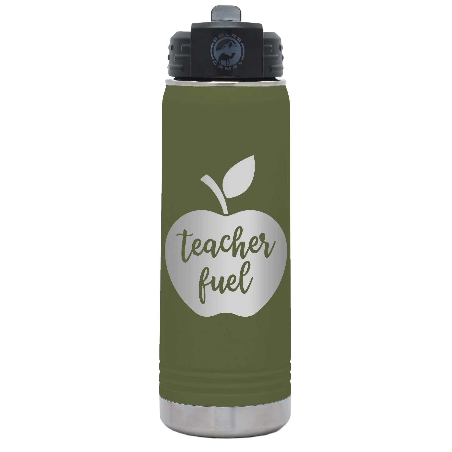 Laser etched olive green 20 oz vacuum insulated water bottle with 'Teacher Fuel' design