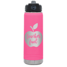 Laser etched pink 20 oz vacuum insulated water bottle with 'Teacher Fuel' design