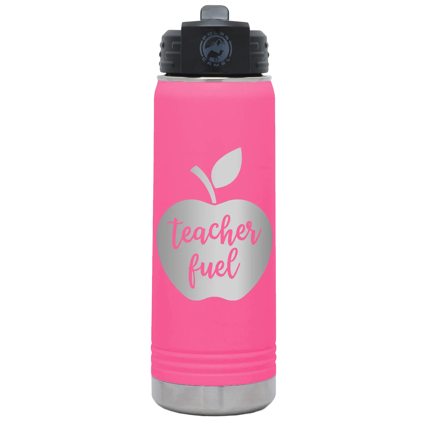 Laser etched pink 20 oz vacuum insulated water bottle with 'Teacher Fuel' design