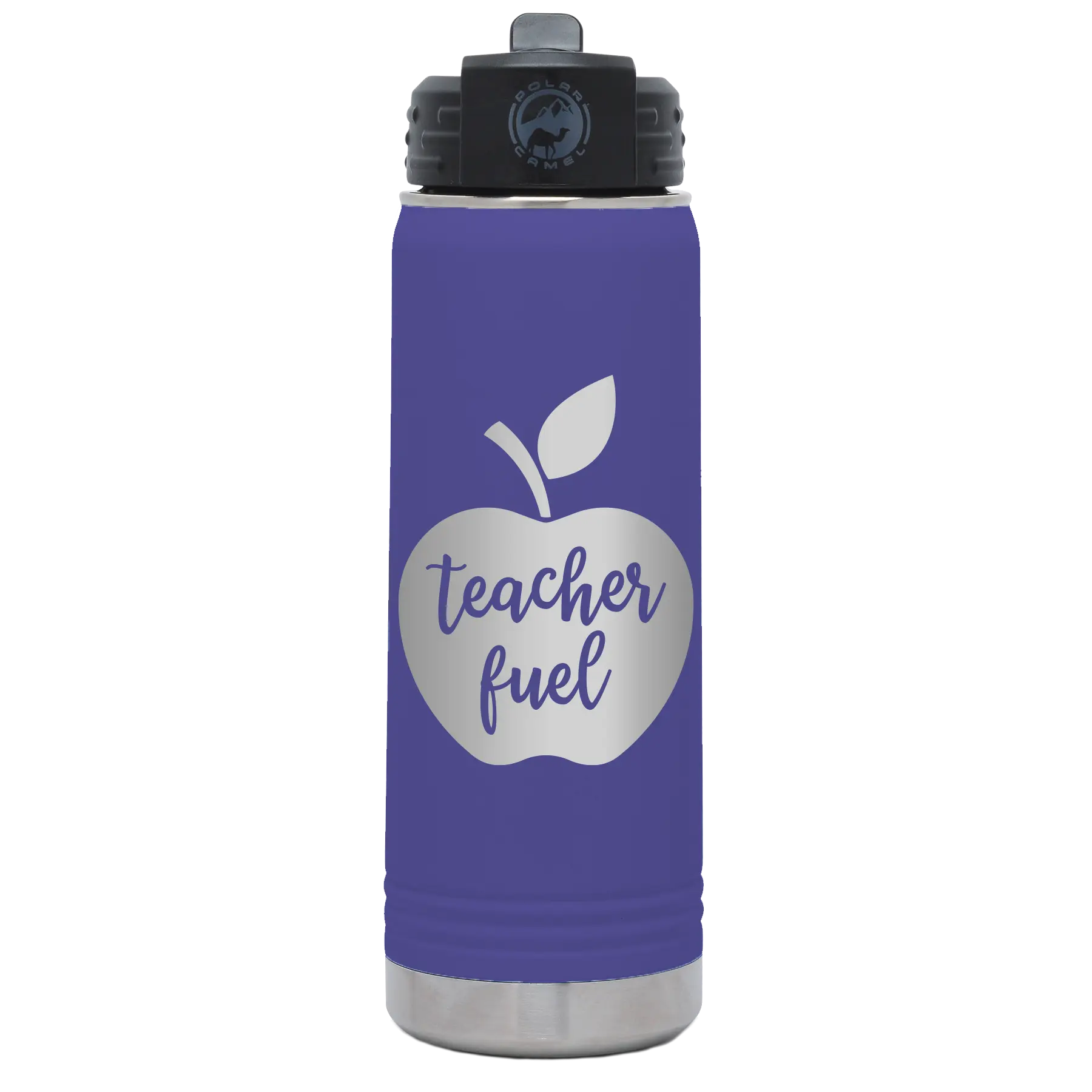 Laser etched purple 20 oz vacuum insulated water bottle with 'Teacher Fuel' design
