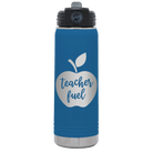 Laser etched royal blue 20 oz vacuum insulated water bottle with 'Teacher Fuel' design