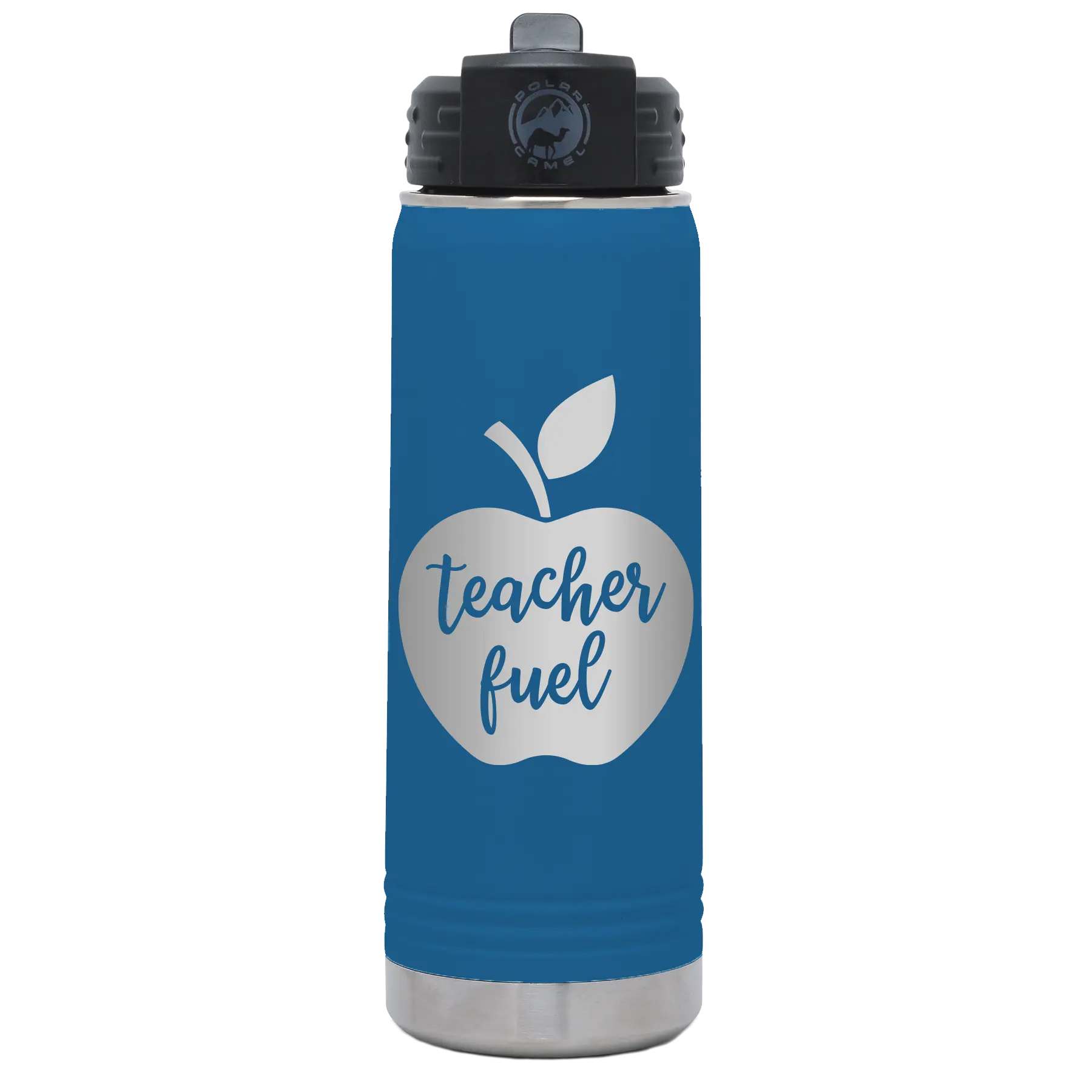 Laser etched royal blue 20 oz vacuum insulated water bottle with 'Teacher Fuel' design