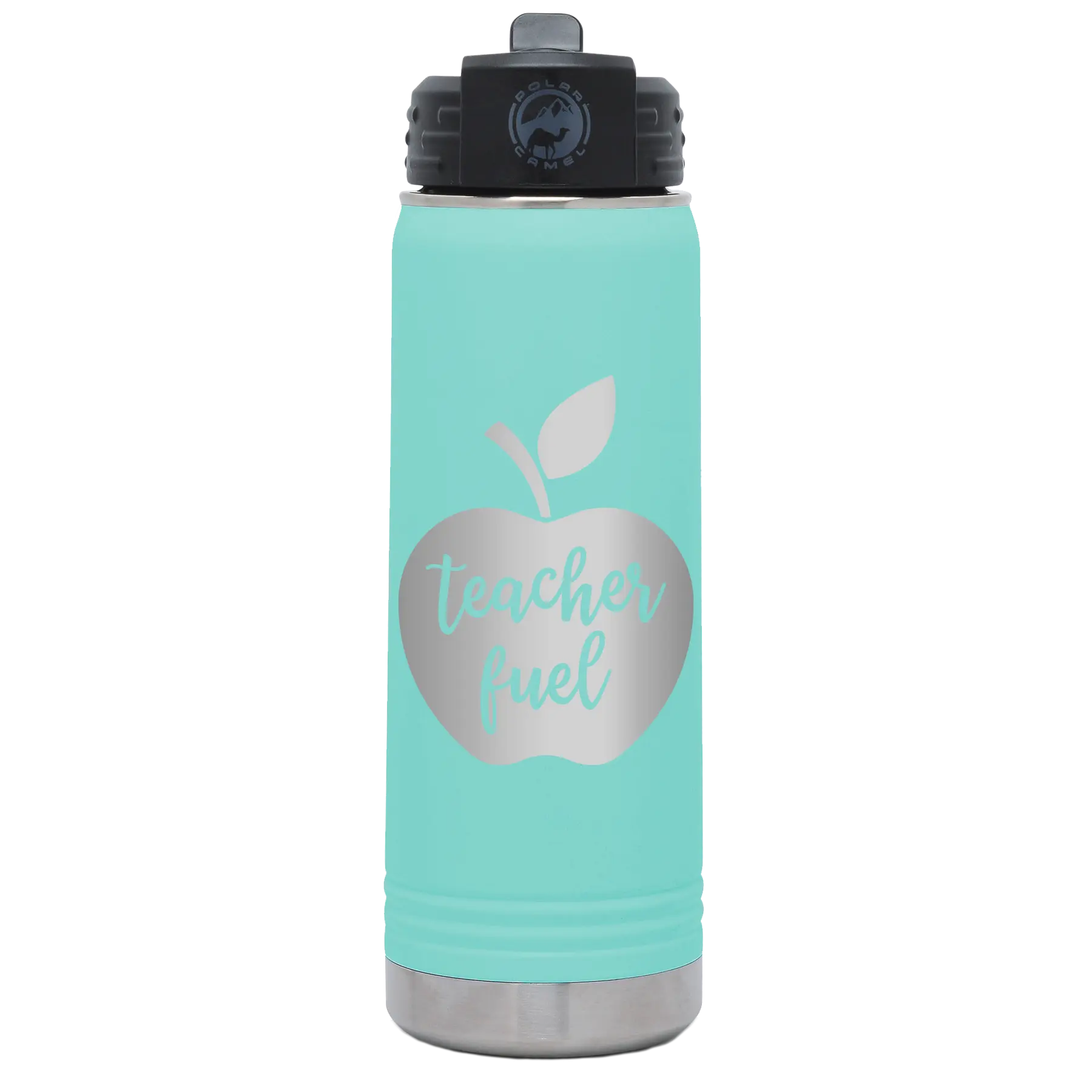 Laser etched teal 20 oz vacuum insulated water bottle with 'Teacher Fuel' design