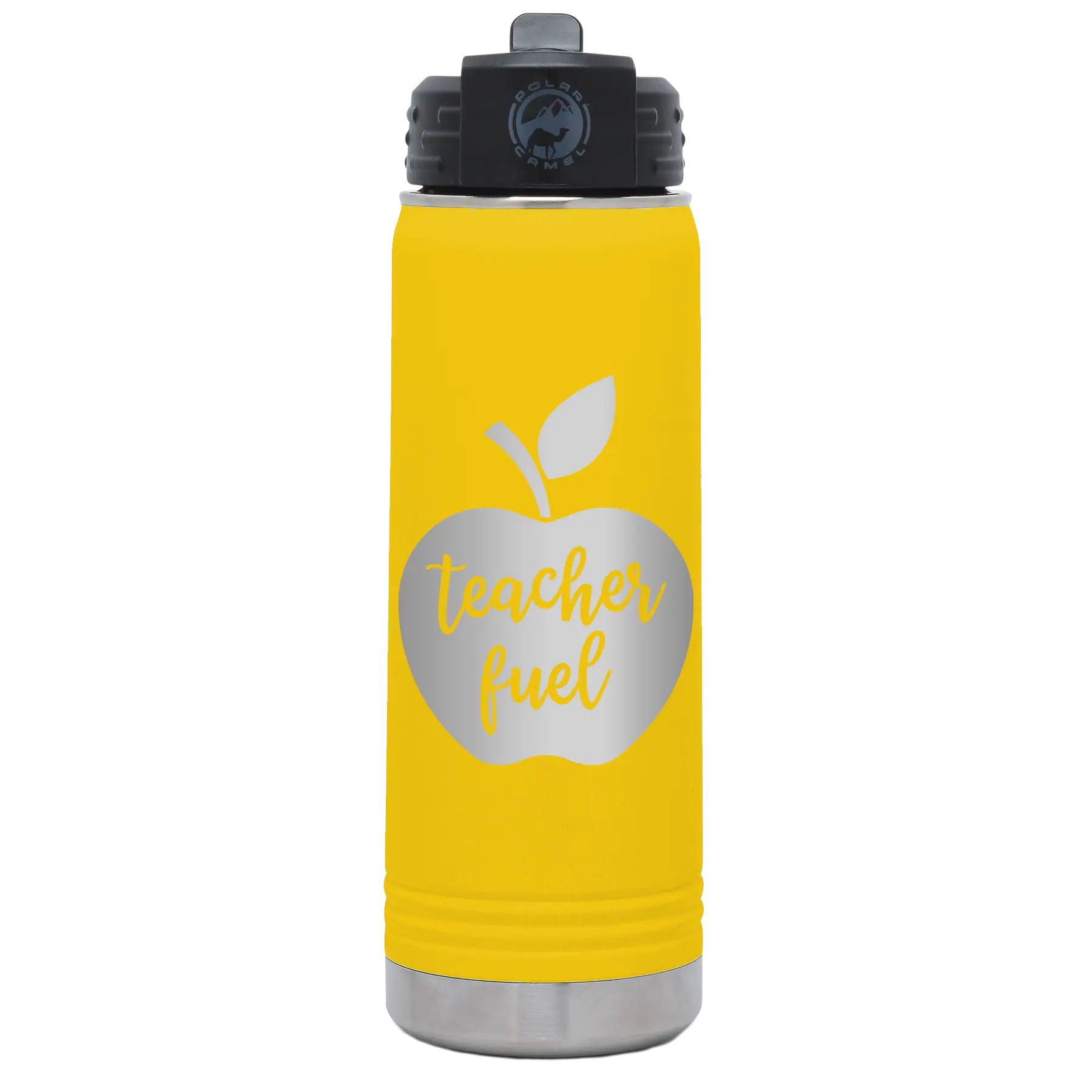 Laser etched yellow 20 oz vacuum insulated water bottle with 'Teacher Fuel' design