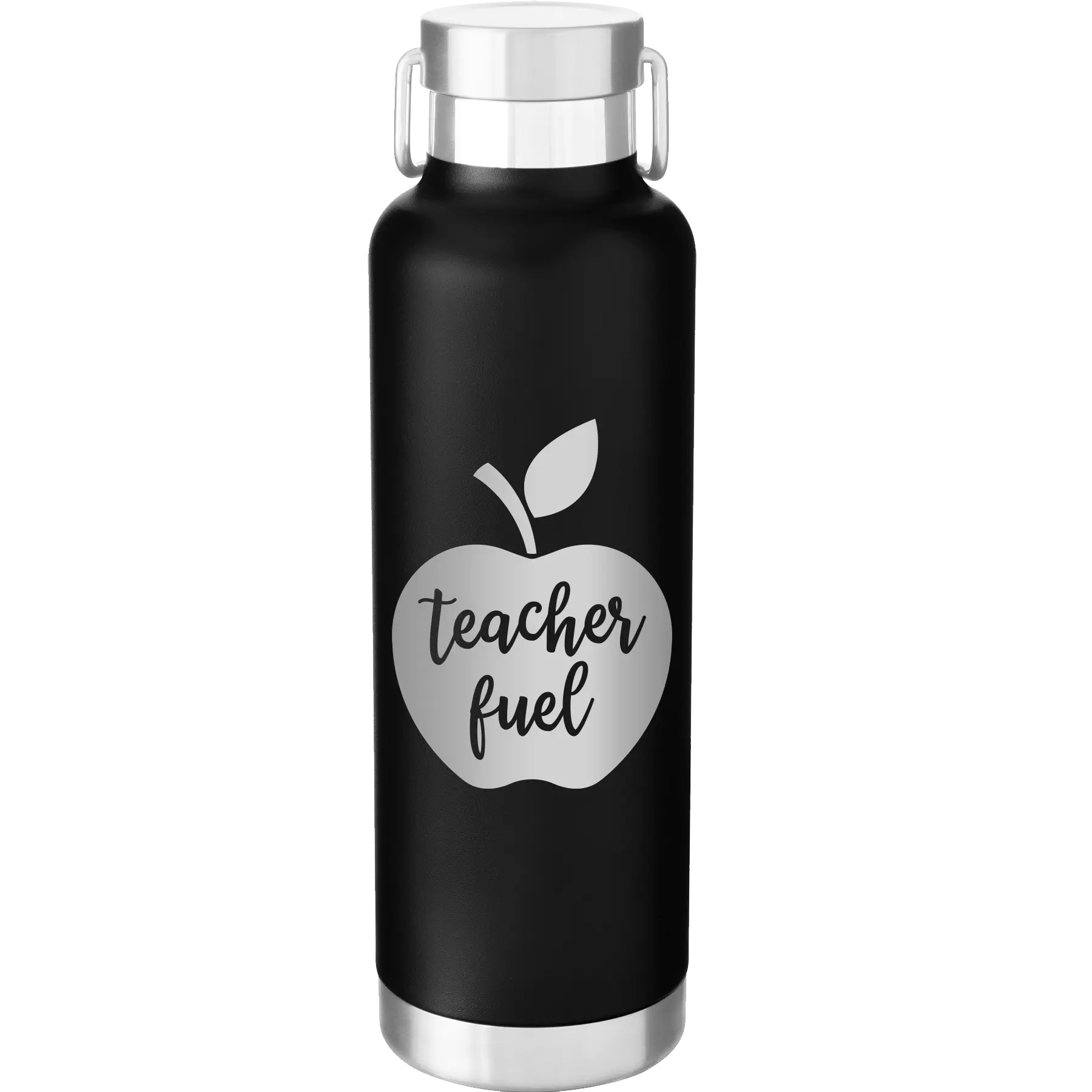 Laser etched black 24 oz vacuum insulated water bottle with 'Teacher Fuel' design
