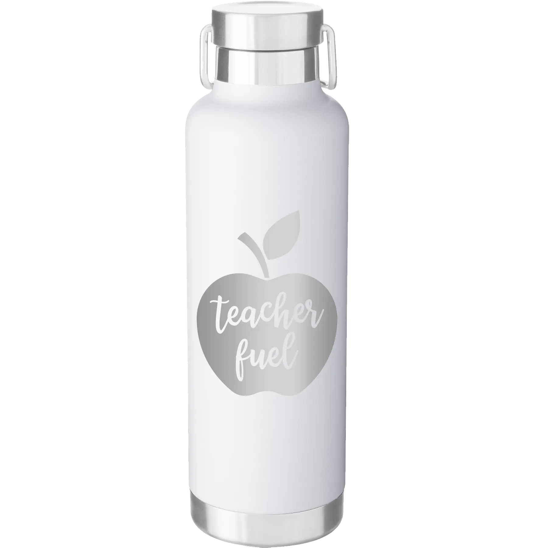 Laser etched white 24 oz vacuum insulated water bottle with 'Teacher Fuel' design