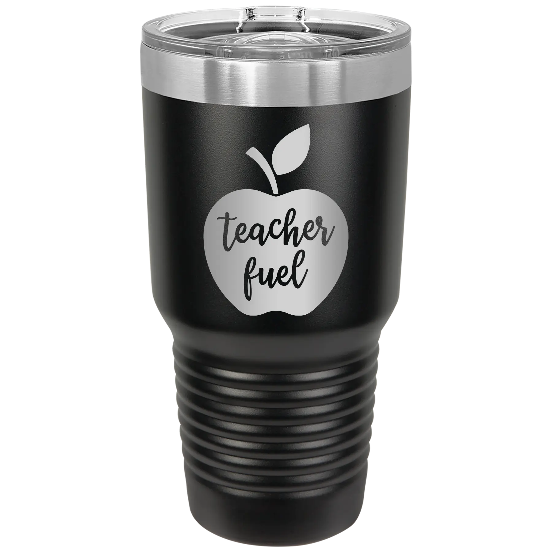 Laser etched black 30 oz vacuum insulated tumbler with 'Teacher Fuel' design