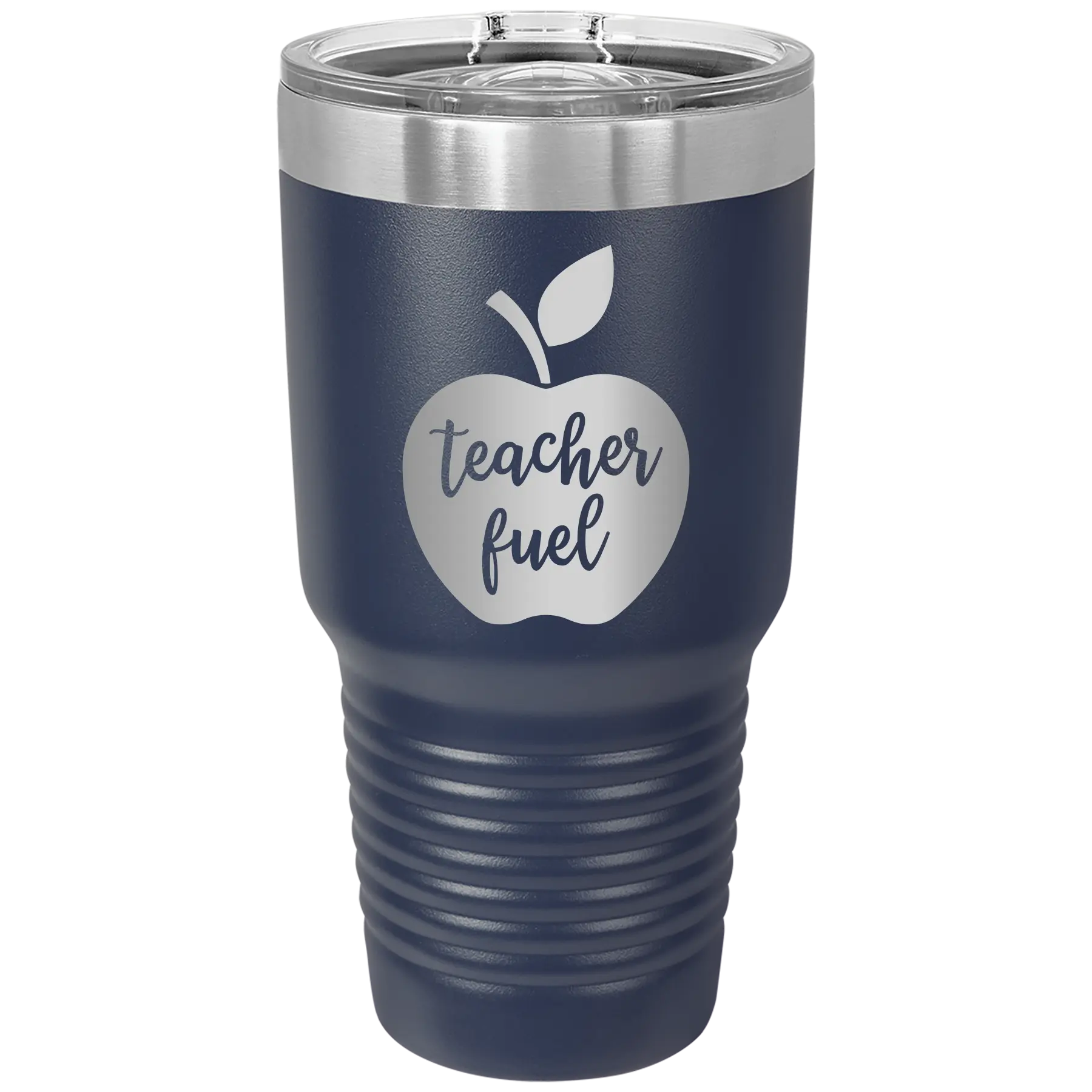 Laser etched navy 30 oz vacuum insulated tumbler with 'Teacher Fuel' design
