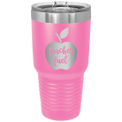 Laser etched pink 30 oz vacuum insulated tumbler with 'Teacher Fuel' design