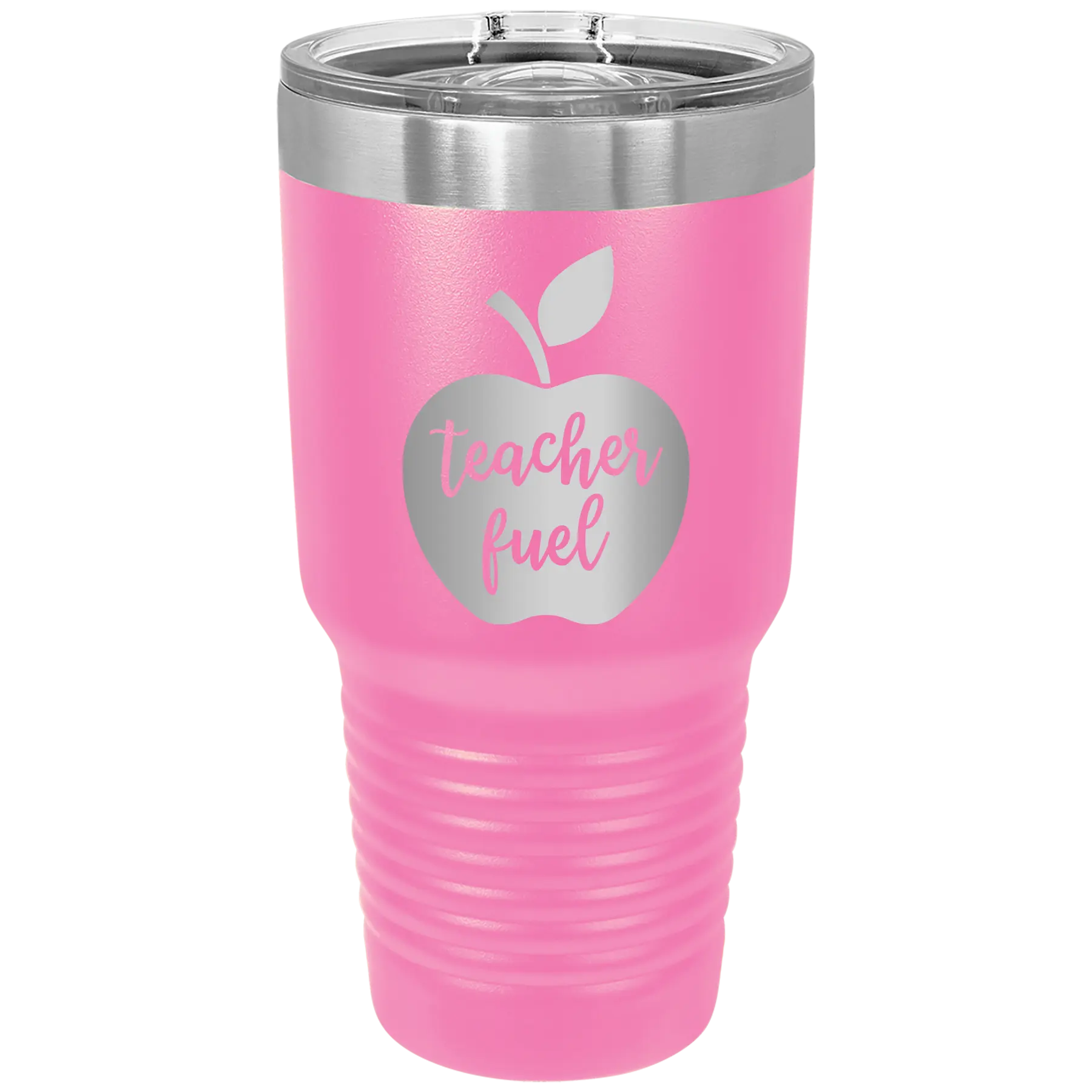 Laser etched pink 30 oz vacuum insulated tumbler with 'Teacher Fuel' design