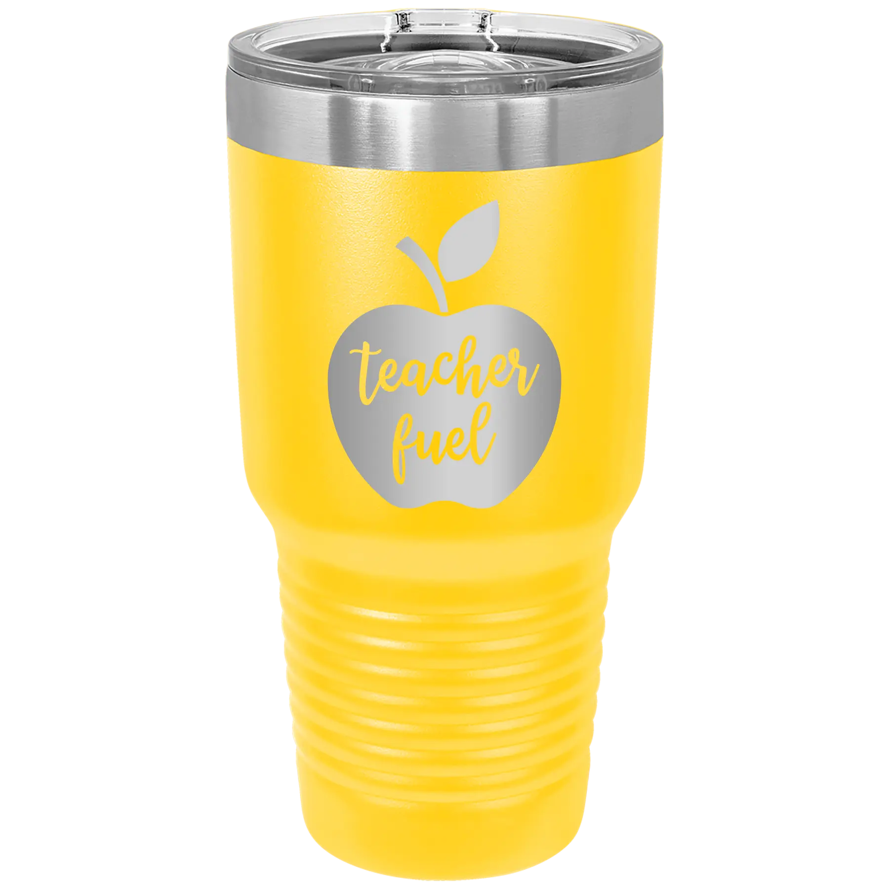 Laser etched yellow 30 oz vacuum insulated tumbler with 'Teacher Fuel' design