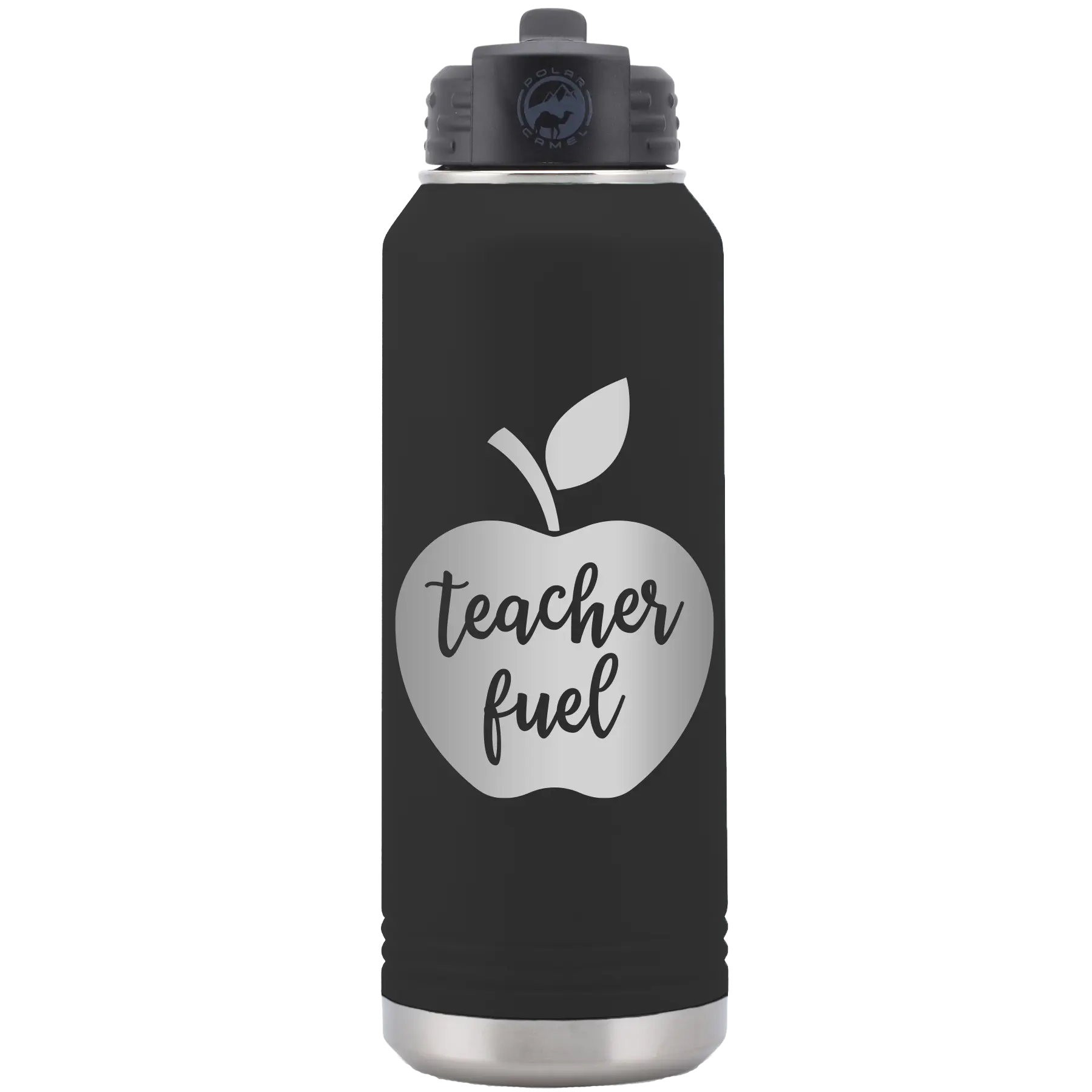Laser etched black 32 oz vacuum insulated water bottle with 'Teacher Fuel' design