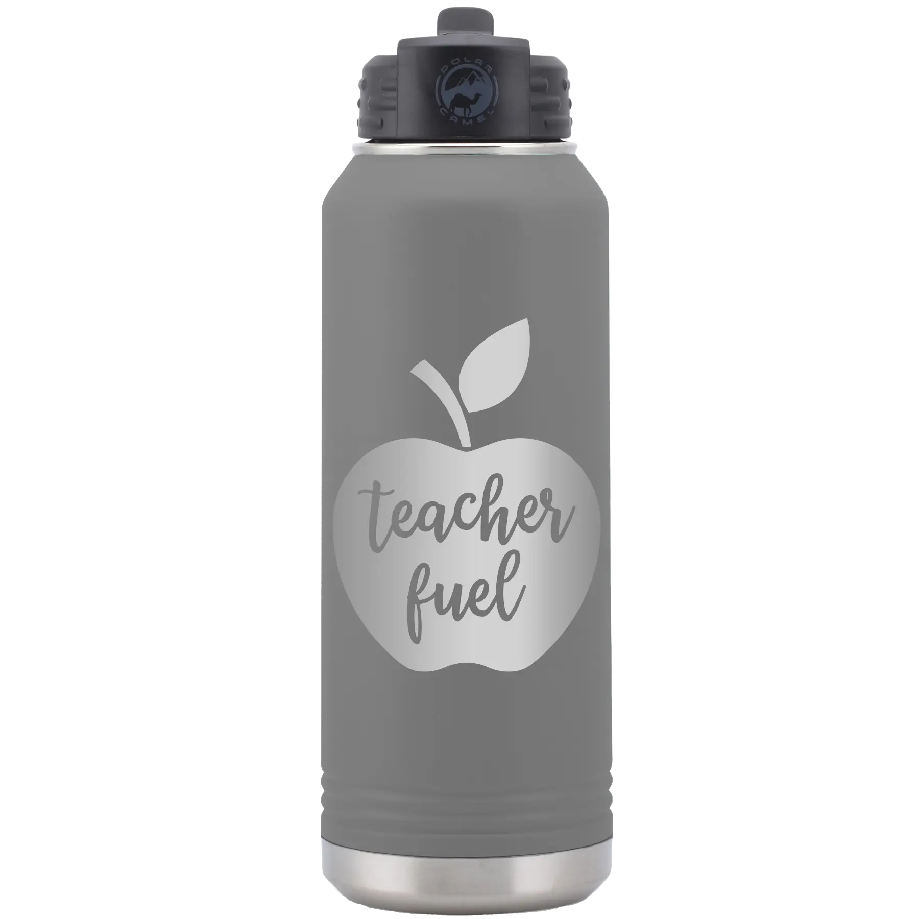 Laser etched dark gray 32 oz vacuum insulated water bottle with 'Teacher Fuel' design