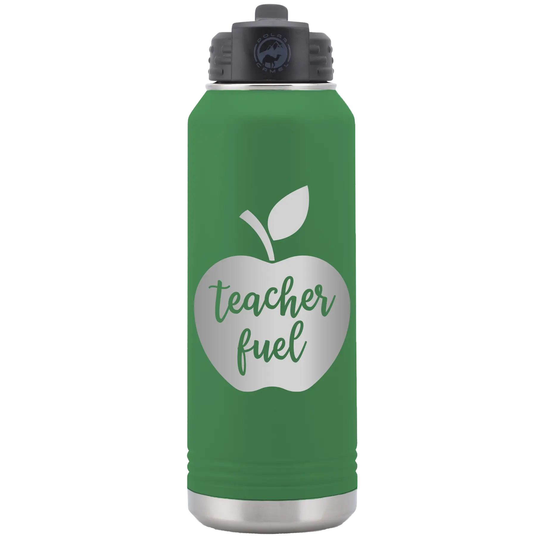 Laser etched green 32 oz vacuum insulated water bottle with 'Teacher Fuel' design