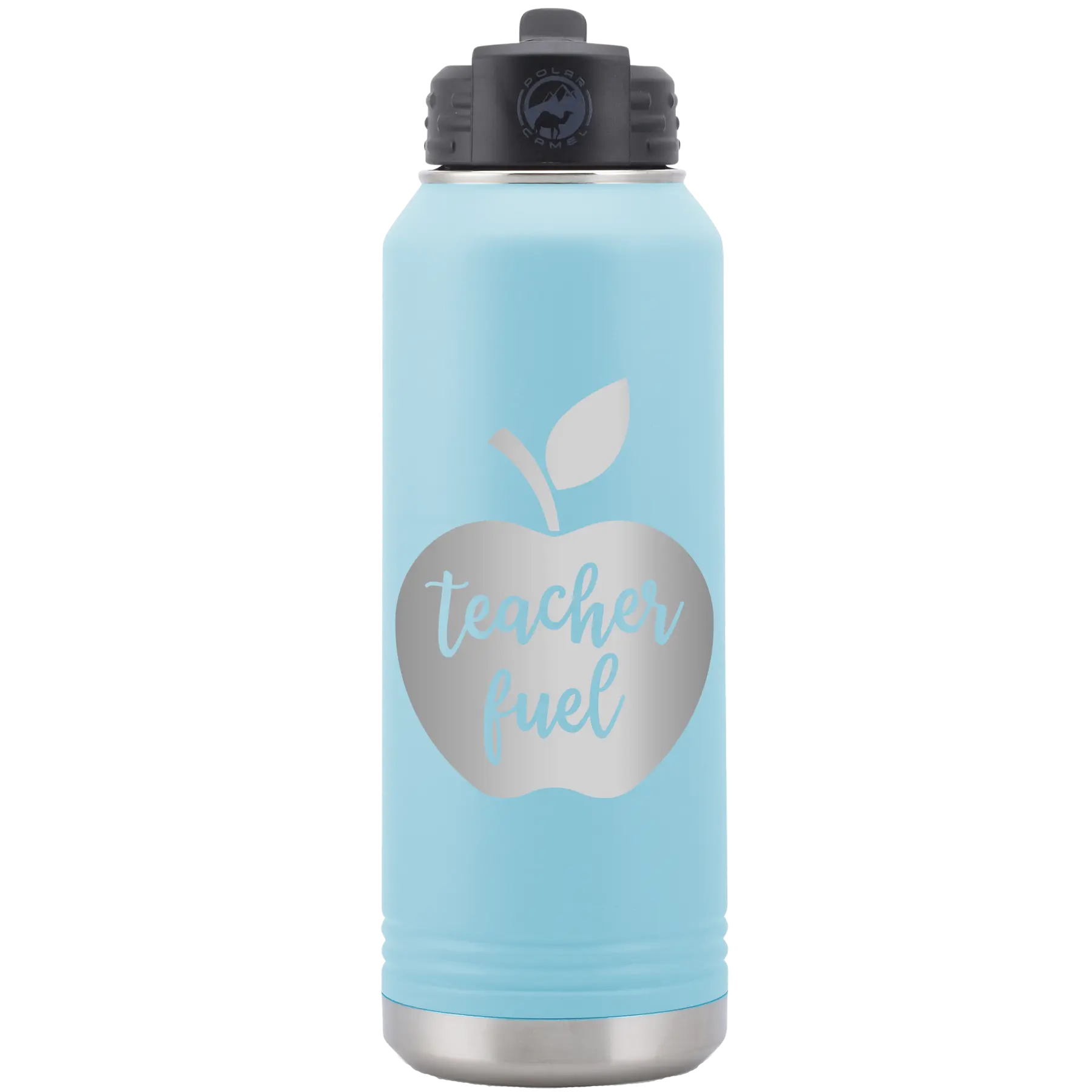 Laser etched light blue 32 oz vacuum insulated water bottle with 'Teacher Fuel' design