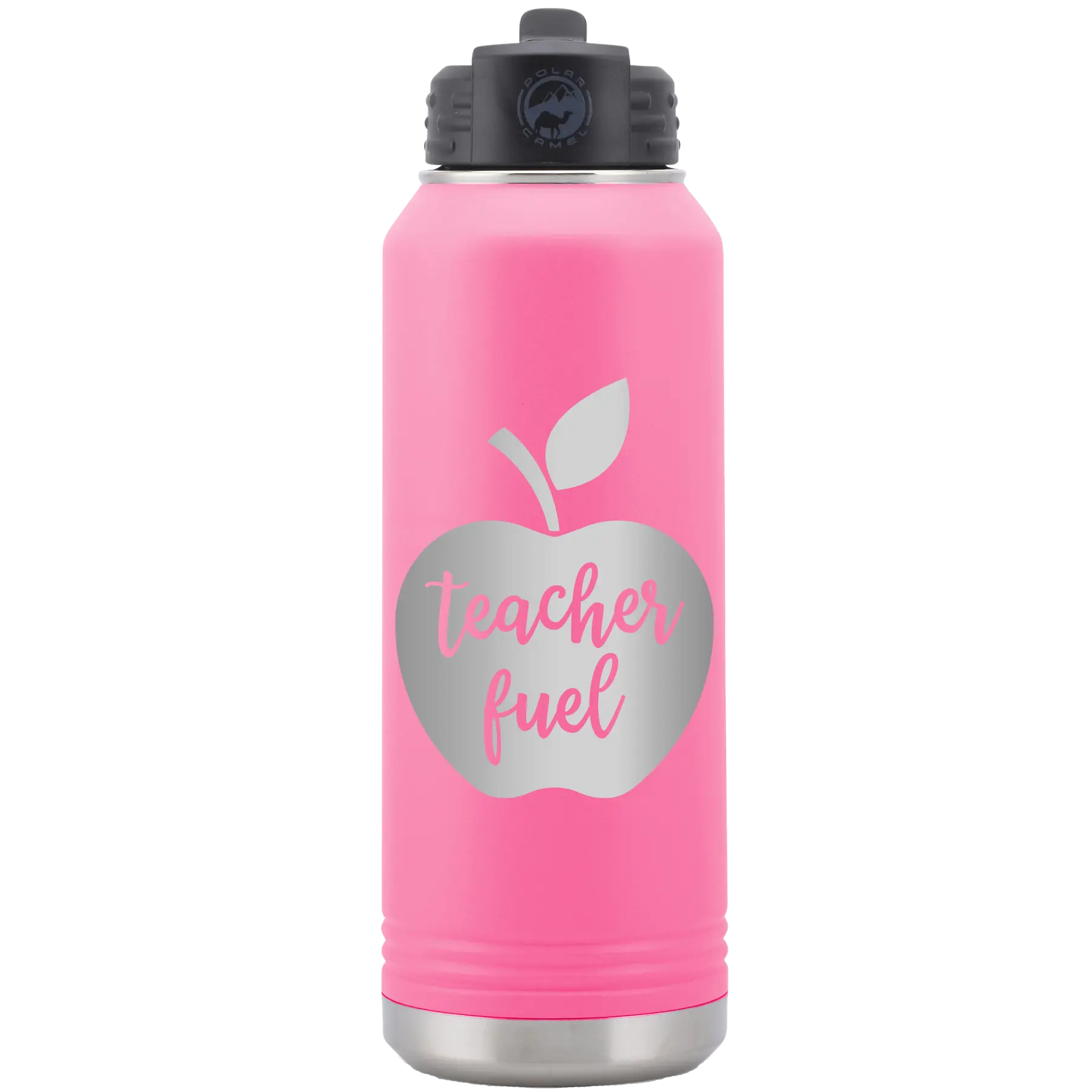 Laser etched pink 32 oz vacuum insulated water bottle with 'Teacher Fuel' design
