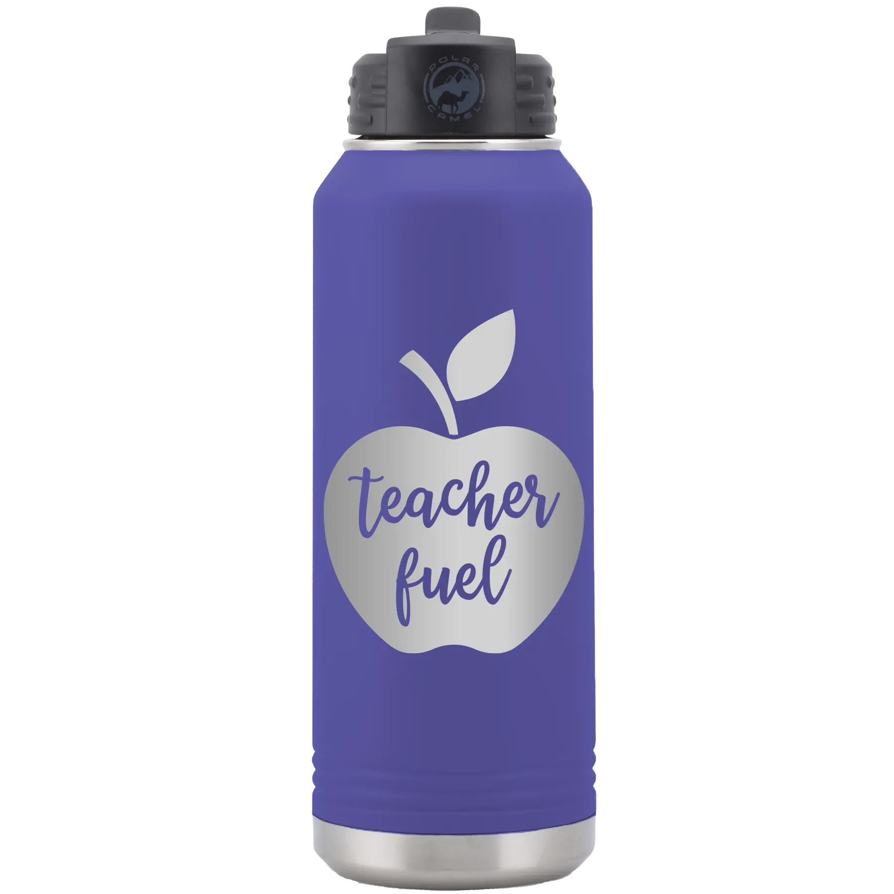 Laser etched purple 32 oz vacuum insulated water bottle with 'Teacher Fuel' design