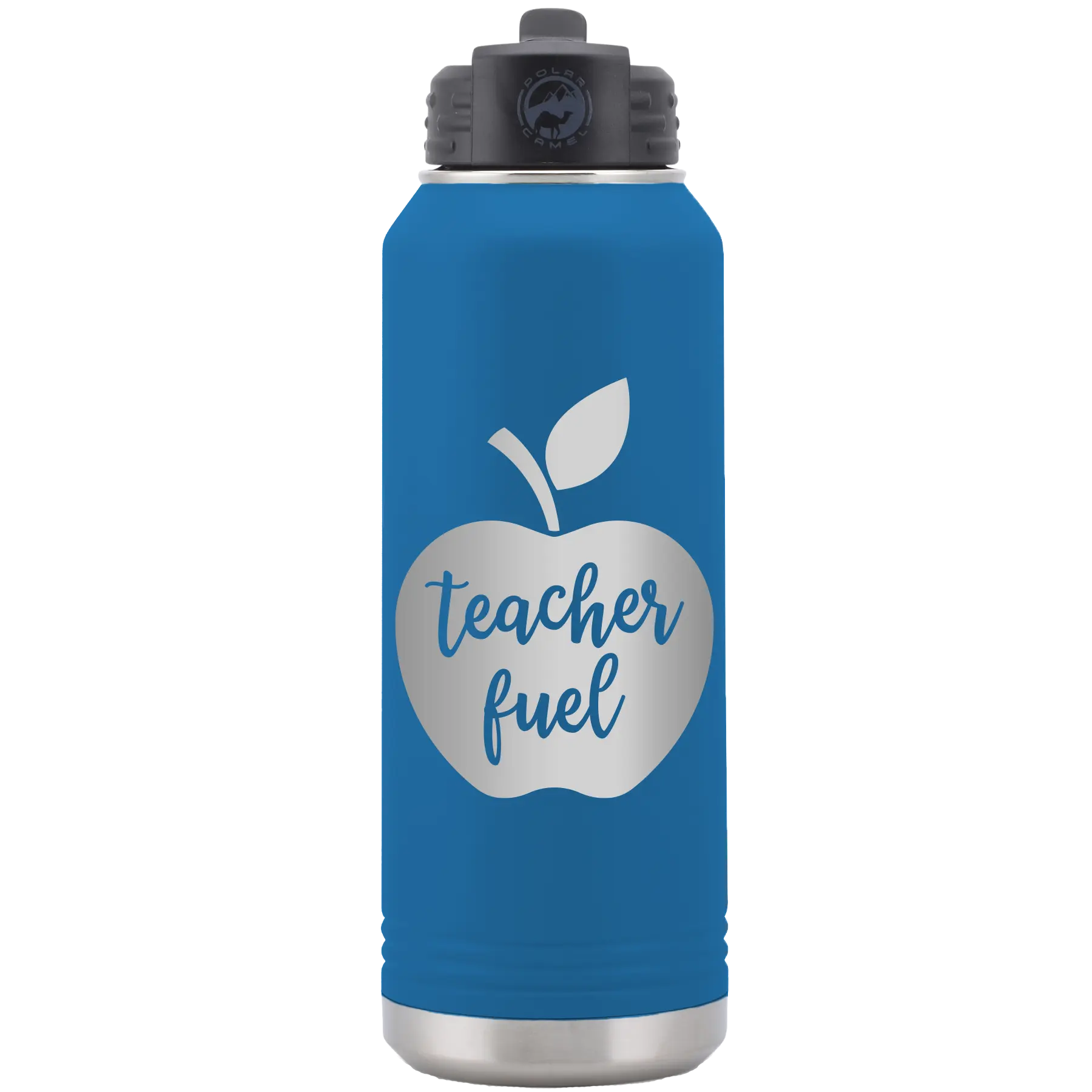 Laser etched royal blue 32 oz vacuum insulated water bottle with 'Teacher Fuel' design