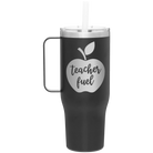 Laser etched black 40 oz vacuum insulated tumbler mug with 'Teacher Fuel' design