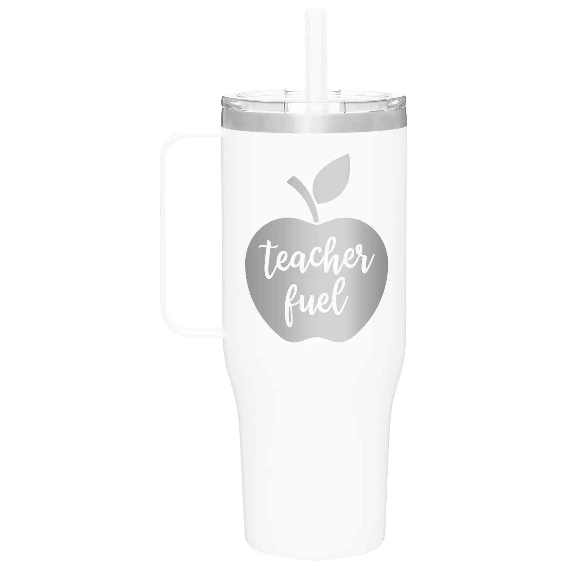 Laser etched white 40 oz vacuum insulated tumbler mug with 'Teacher Fuel' design