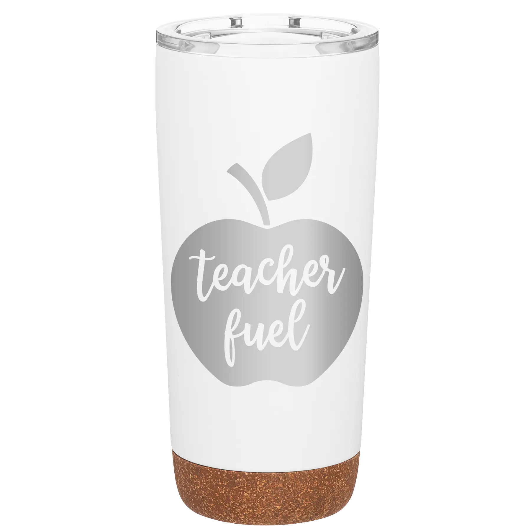Laser etched white 20 oz vacuum insulated tumbler with 'Teacher Fuel' design