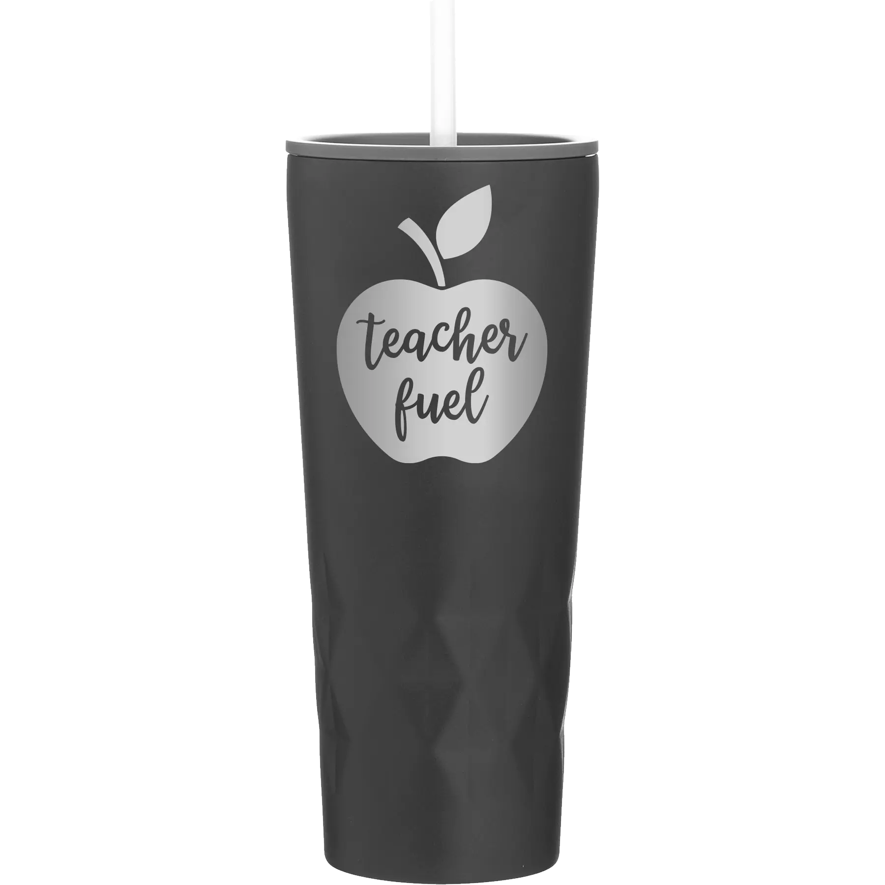 Laser etched black 20 oz vacuum insulated tumbler with 'Teacher Fuel' design