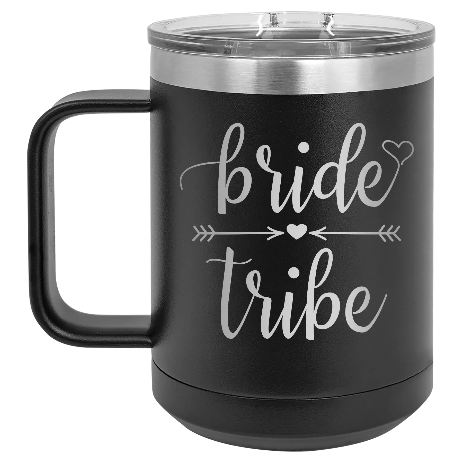 Laser etched black 15 oz vacuum insulated coffee mug with 'Bride Tribe' design