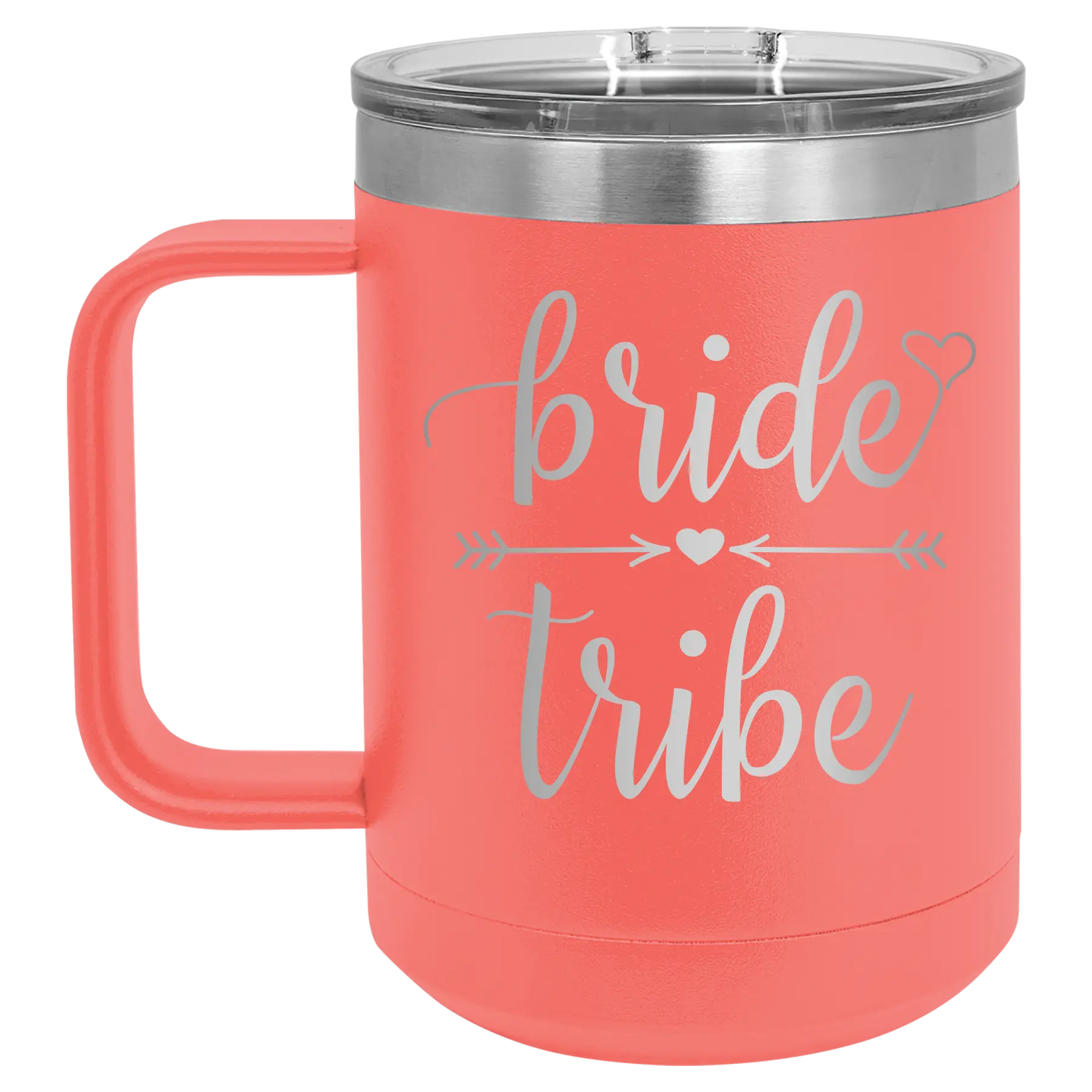 Laser etched coral 15 oz vacuum insulated coffee mug with 'Bride Tribe' design