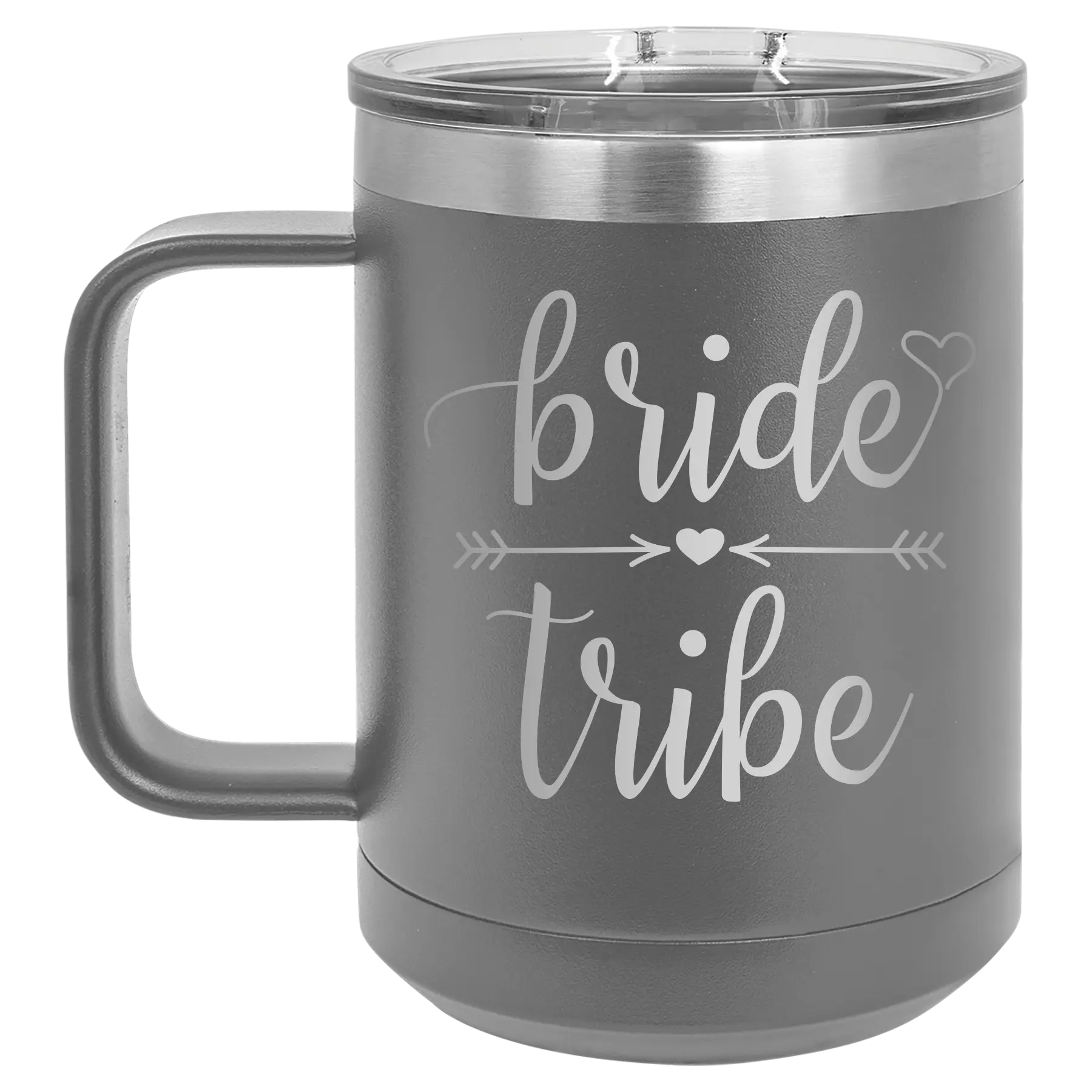 Laser etched dark gray 15 oz vacuum insulated coffee mug with 'Bride Tribe' design