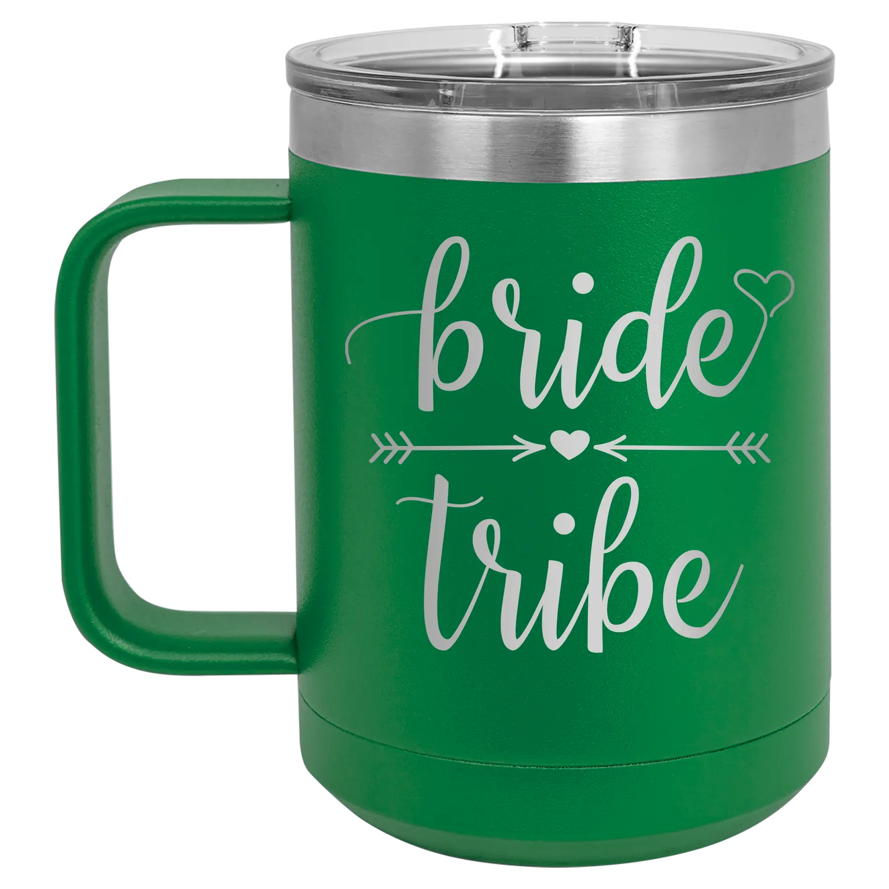 Laser etched green 15 oz vacuum insulated coffee mug with 'Bride Tribe' design
