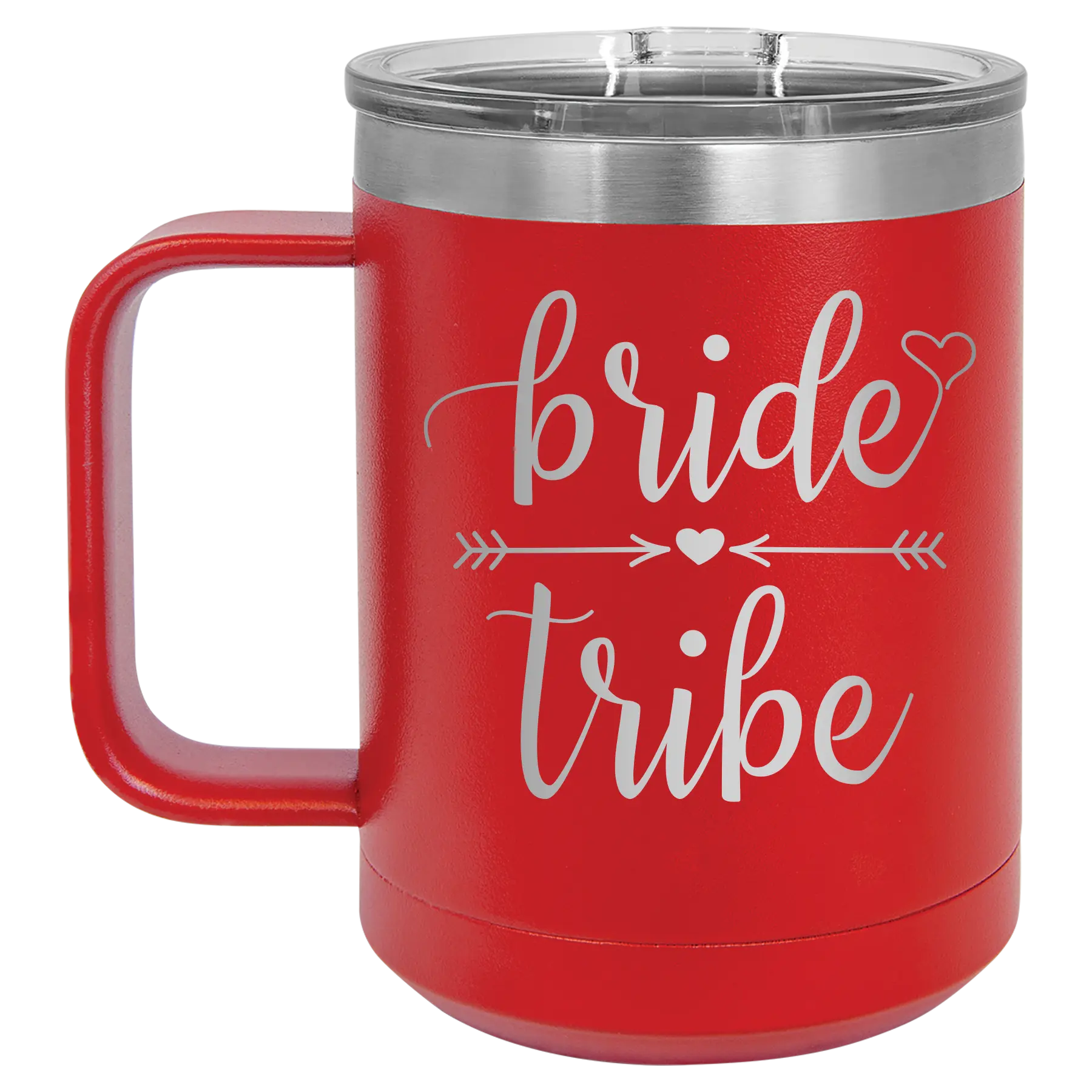 Laser etched red 15 oz vacuum insulated coffee mug with 'Bride Tribe' design