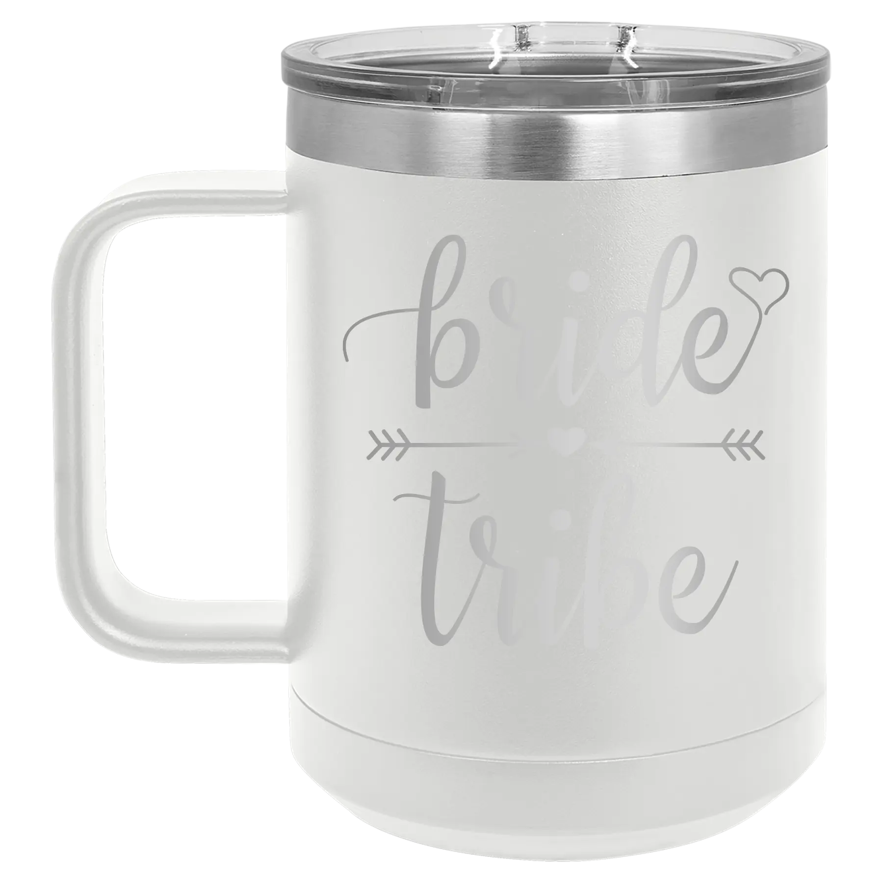 Laser etched white 15 oz vacuum insulated coffee mug with 'Bride Tribe' design