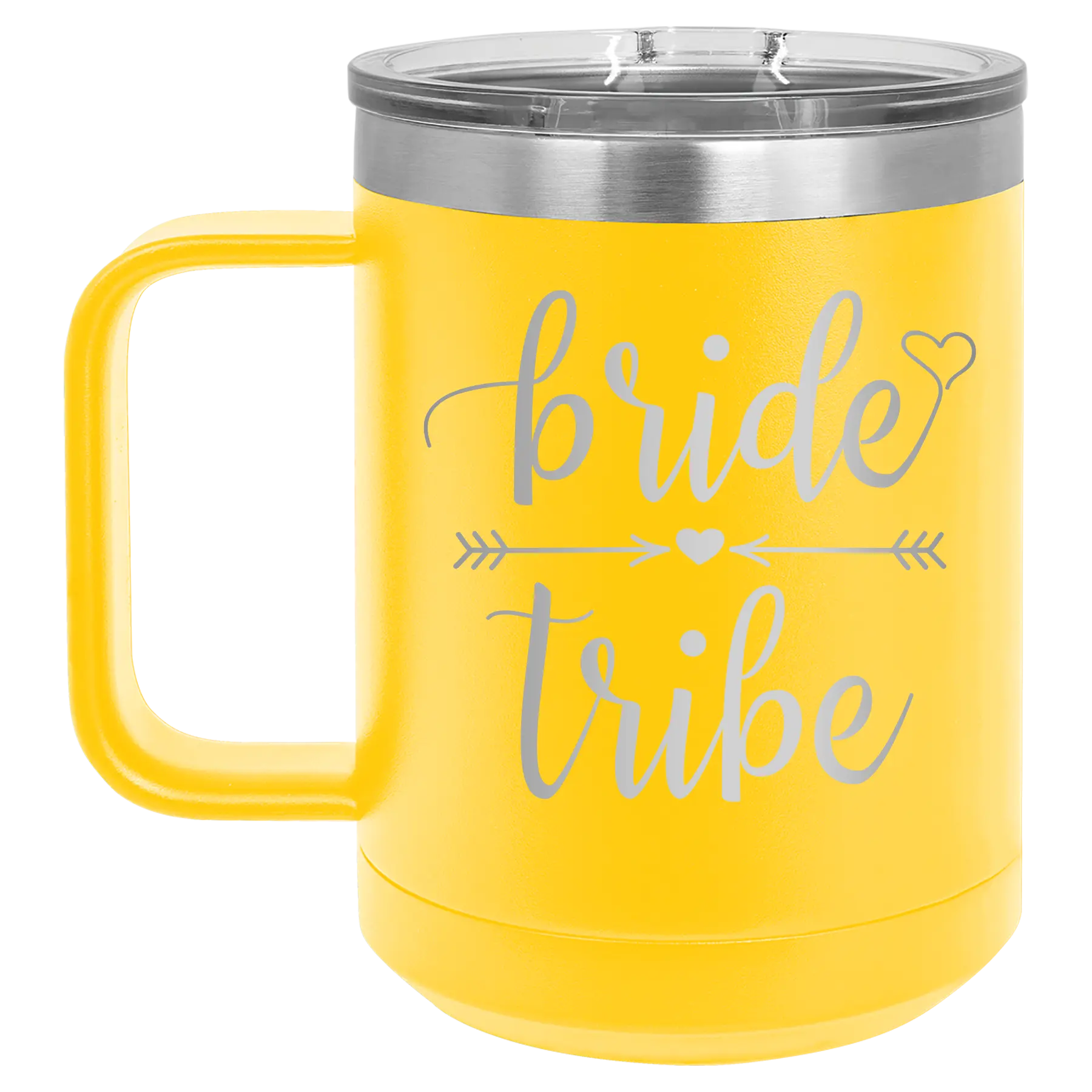 Laser etched yellow 15 oz vacuum insulated coffee mug with 'Bride Tribe' design
