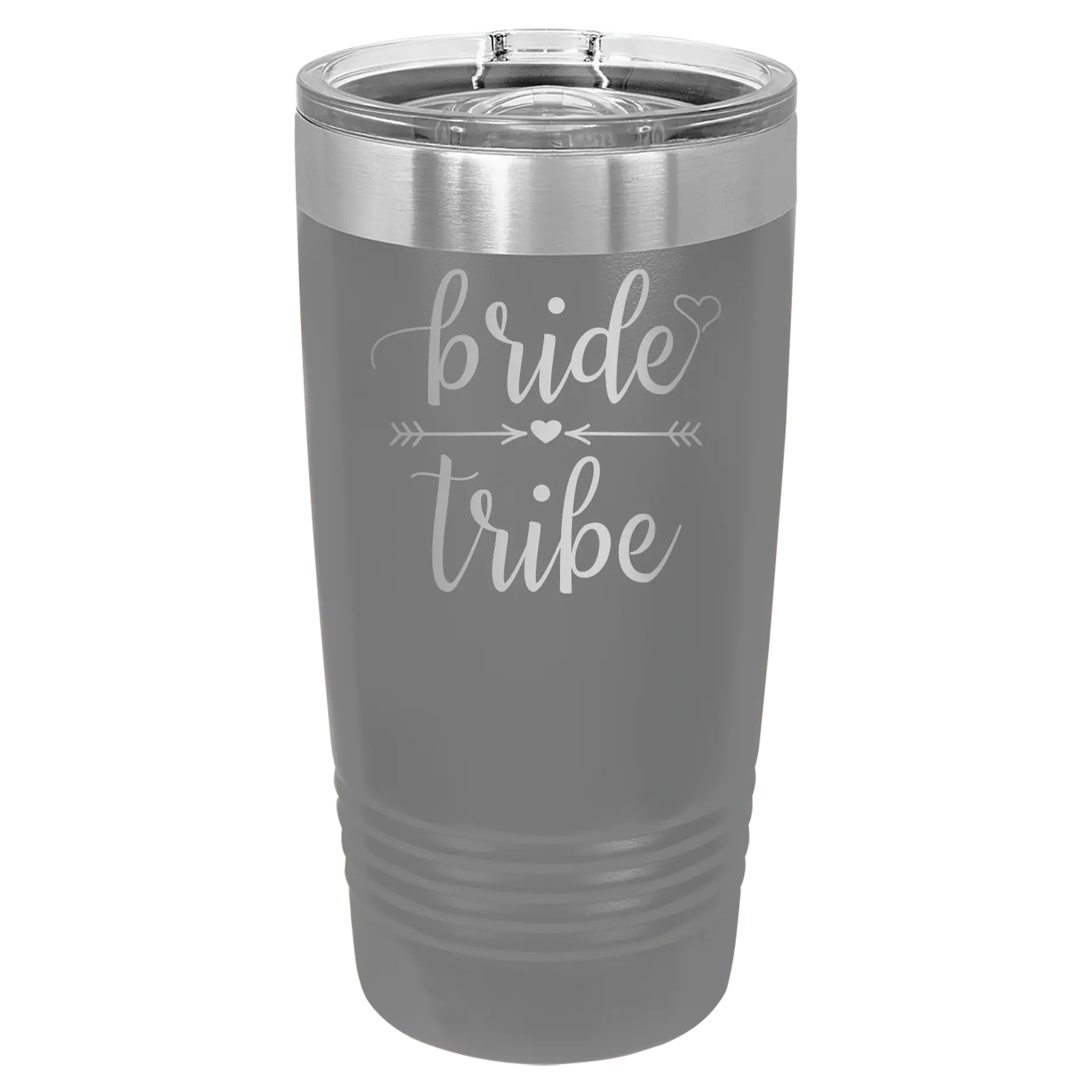 Laser etched dark gray 20 oz vacuum insulated tumbler with 'Bride Tribe' design