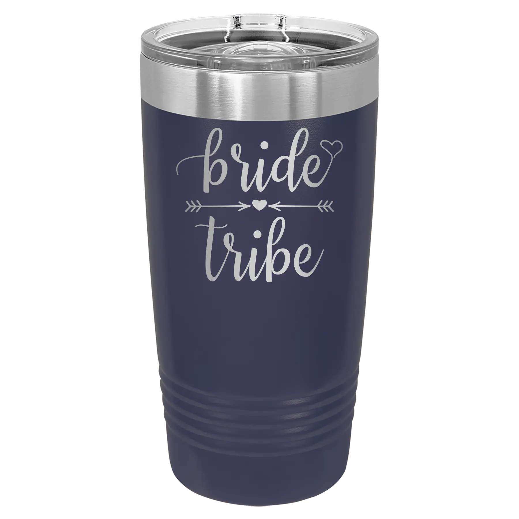 Laser etched navy 20 oz vacuum insulated tumbler with 'Bride Tribe' design