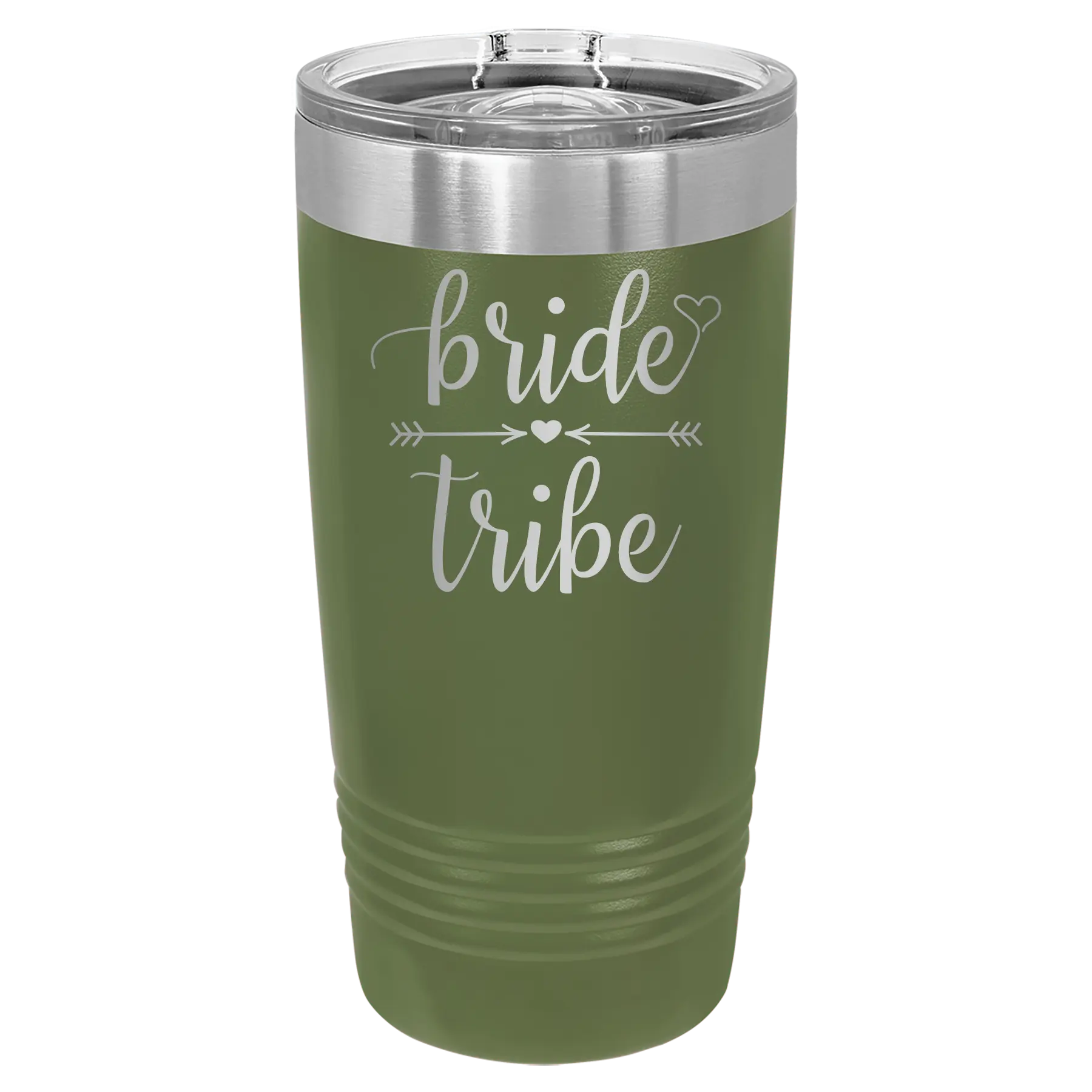 Laser etched olive green 20 oz vacuum insulated tumbler with 'Bride Tribe' design
