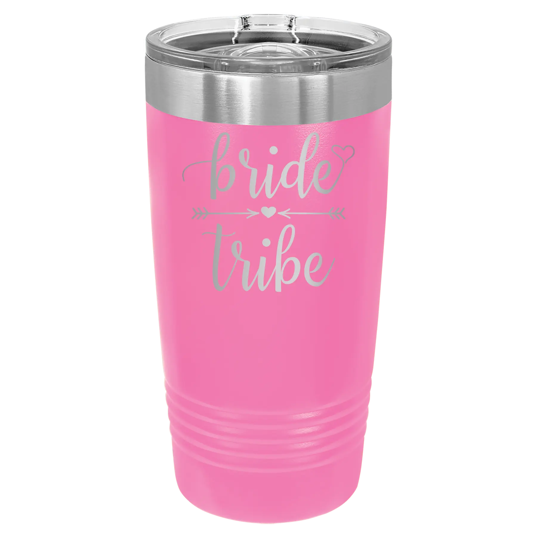 Laser etched pink 20 oz vacuum insulated tumbler with 'Bride Tribe' design