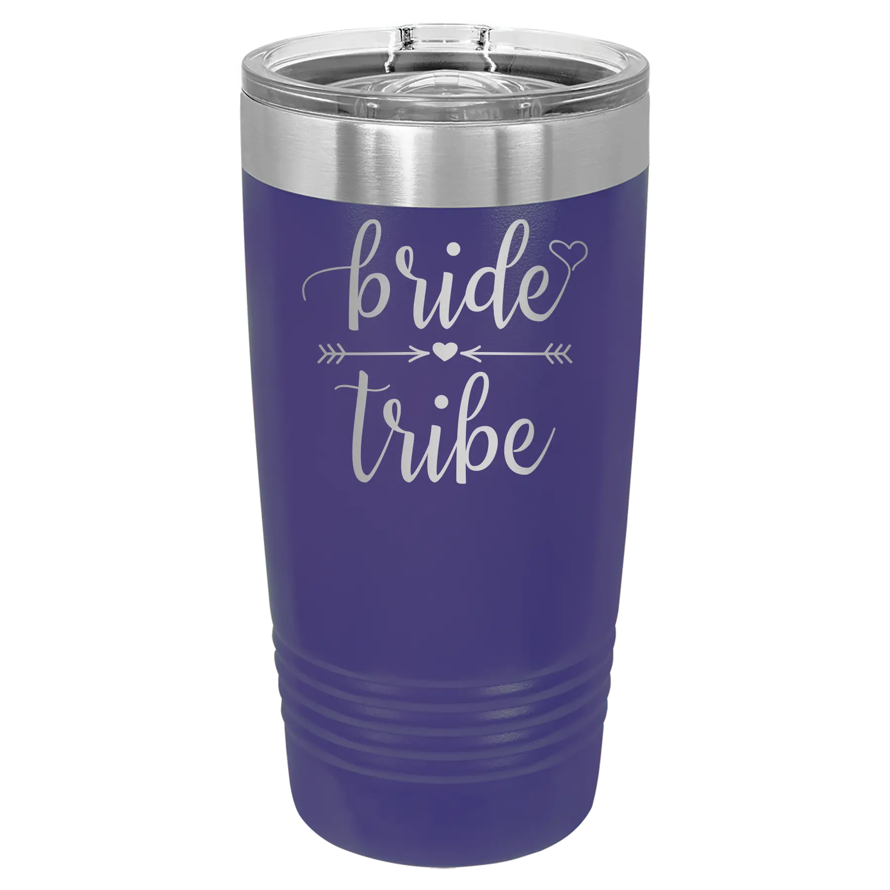 Laser etched purple 20 oz vacuum insulated tumbler with 'Bride Tribe' design