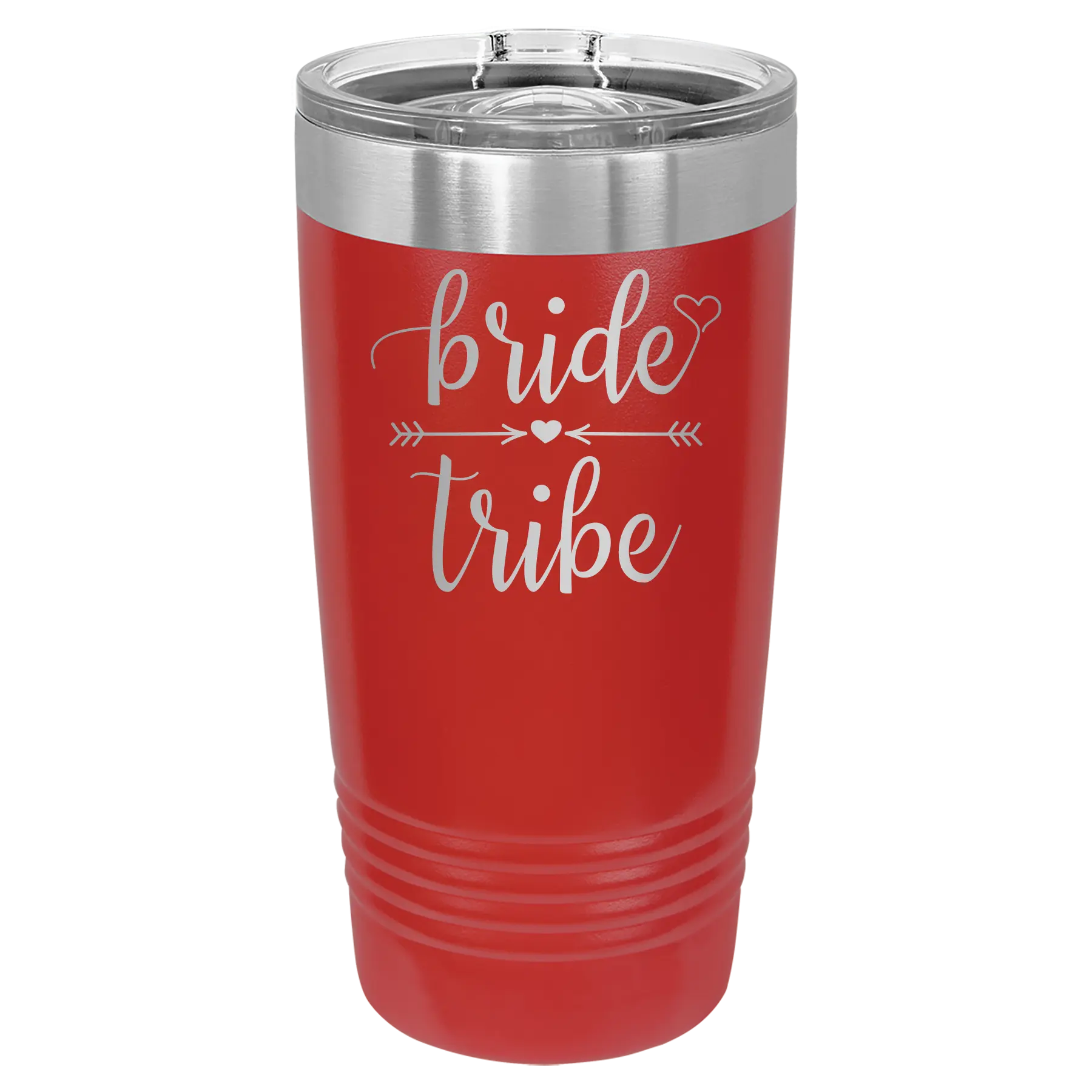 Laser etched red 20 oz vacuum insulated tumbler with 'Bride Tribe' design