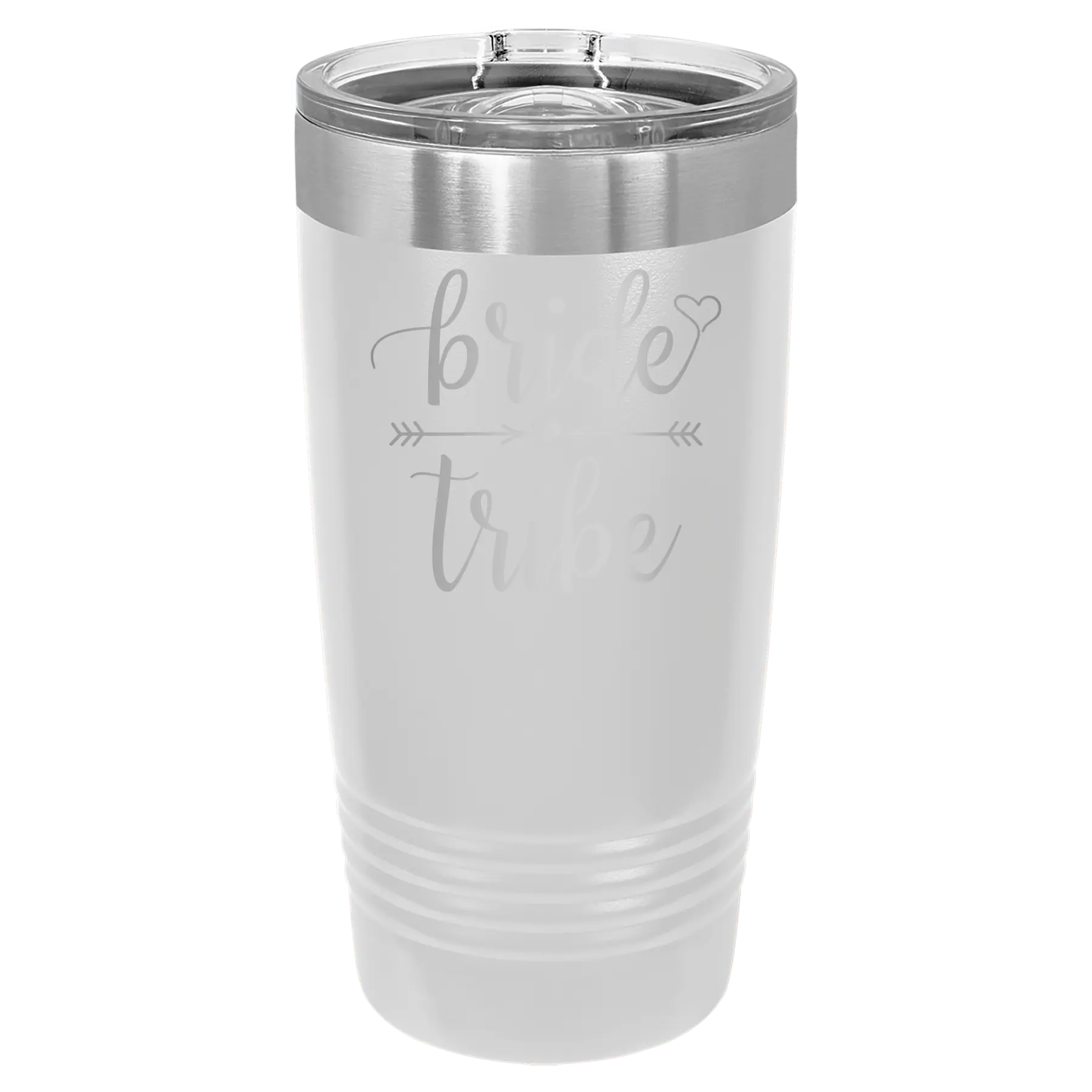 Laser etched white 20 oz vacuum insulated tumbler with 'Bride Tribe' design